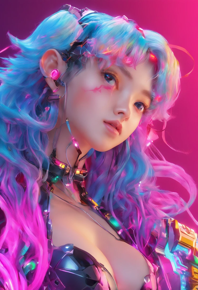 8K,((pieces fly,highest quality)),1 girl、Bright colorful neon light background、glow in the dark ,bioluminescent color glow、 Beautiful gorgeous woman in bright colorful neon light,,beautiful and fine eyes、 (Upper shot close-up:1.2), long messy wavy hair, , ,face with shadow、Because I'm slender、flat body、cute、change、((heart mark))