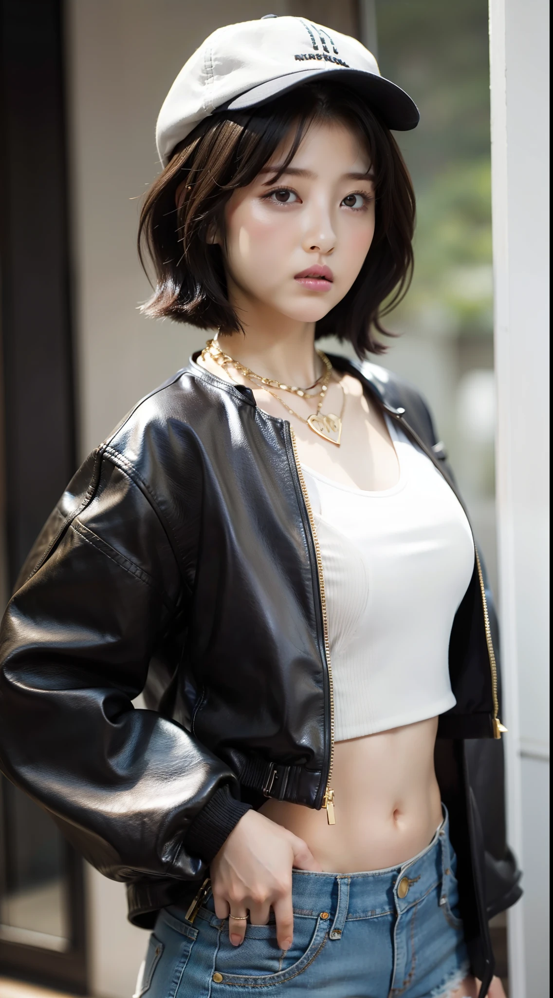 1 girl, 8 years old, tiny tits, white tank top crop, tight short jeans, wolfcut hairstyles, open black jacket, (pink lips:0.5), masterpiece, ultra details, high res, 70mm lens, (six pack abs:0.8), hip hop cap, golden necklace,