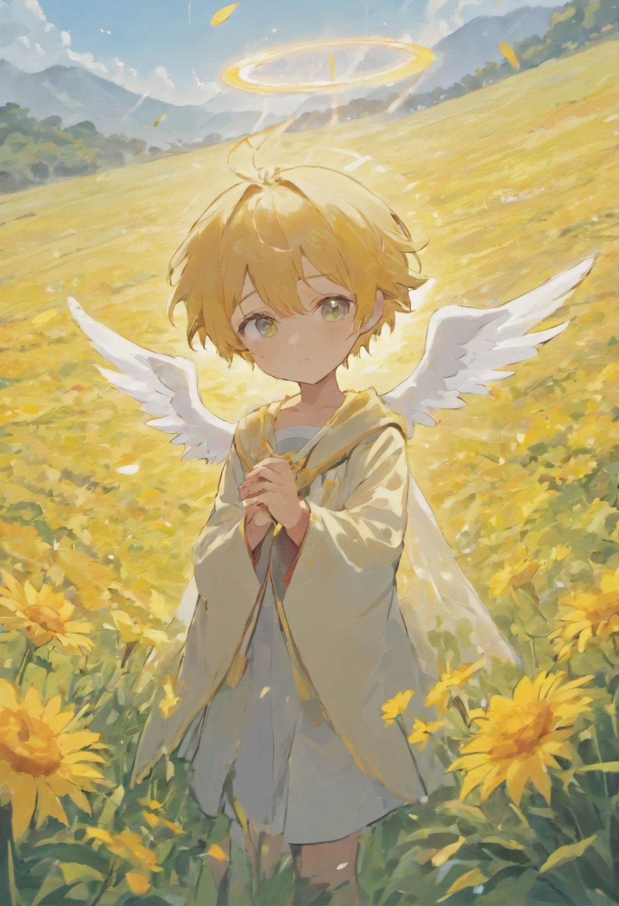 Anime boy with white wings and halo in a flower field is plucked wings by demon boy, beautiful angel, Angel Boy, Guviz-style artwork, Guweiz in Pixiv ArtStation,sad