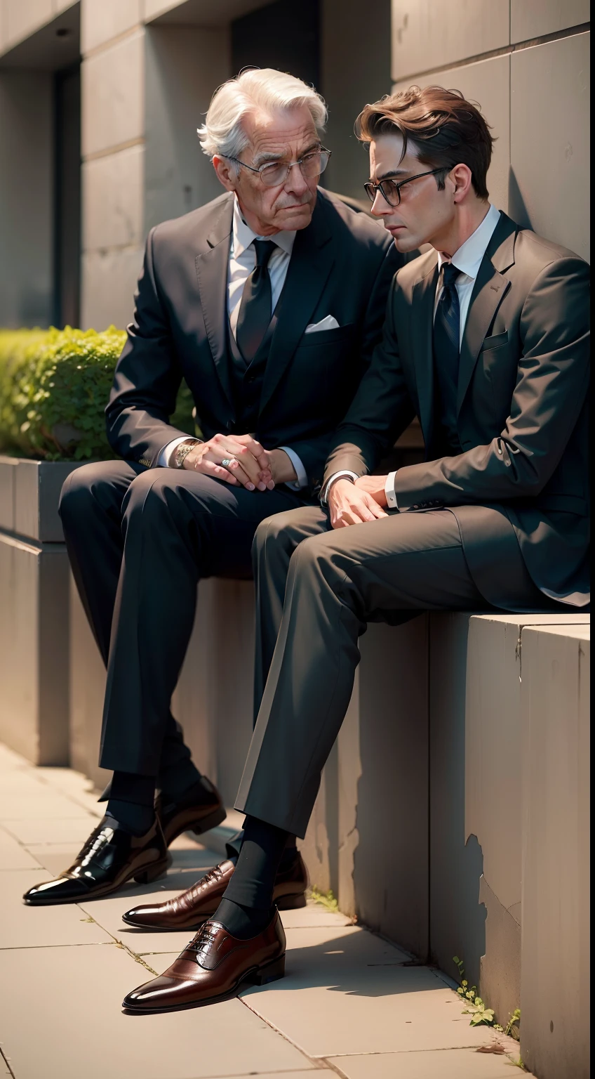 There are two people in the picture，It's all suits and leather shoes，They are in conversation，among others：A person is middle-aged，A person is a young man