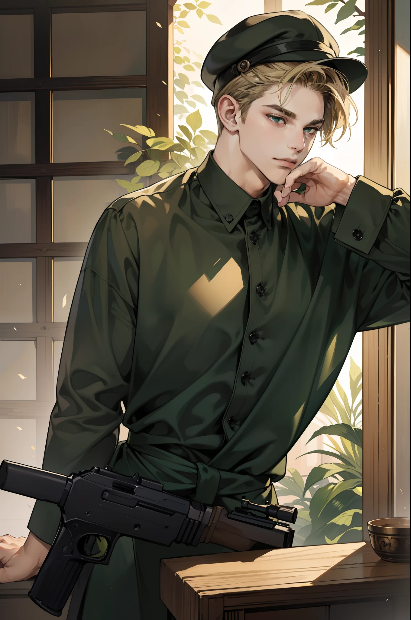 ((ultra detailed, masterpiece, absurdres))
dean winchester
, 1men, short hair, blonde hair, green eyes, Looking away with a furious, wearing a black denim jacket, and a plaid shirt underneath, he is bleeding, and armed