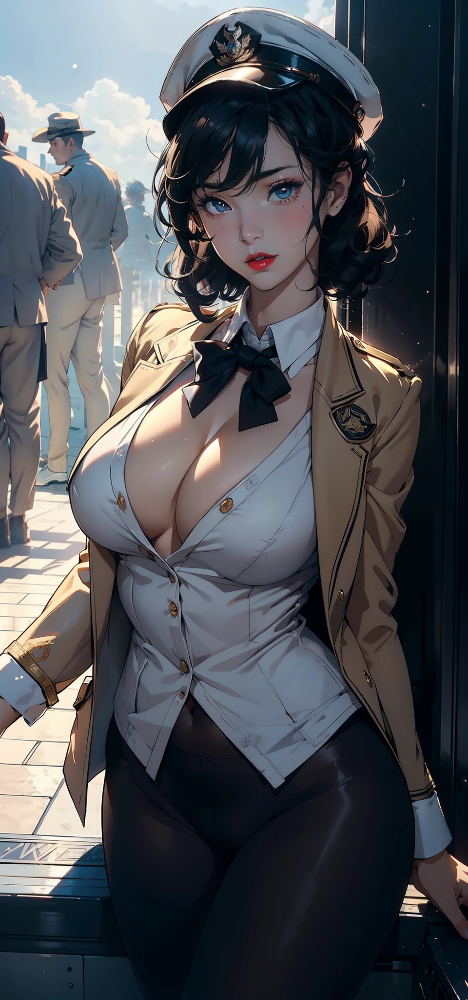 1female,35yo,plumw,extremely large bosom, 独奏,(Background with:A desert,aerodrome,Planes) She has very short black hair,bobo head,Stand on the plane,,seen from the front, curlies, mostly cloudy sky,(((tmasterpiece),(Very detailed CG unity 8K wallpaper),best qualtiy,cinmatic lighting,detailed back ground,beatiful detailed eyes,Bright pupils,Black eyes,Snow-white skin,Redlip(Very fine and beautiful),(Beautiful and detailed eye description),ultra - detailed,tmasterpiece,)),facing at camera,A high resolution,ultra - detailed),revealing breasts,Bare genitalia, Bulge,legs are open,Raised sexy,Camel toes,Flushed complexion,Desire for dissatisfaction,frontage,us airforce,Aviator,military hat(Wearing:blazer jacket,Gold wire embroidery,tailcoat,neck bowtie,Black pantyhose,Bare breasts)