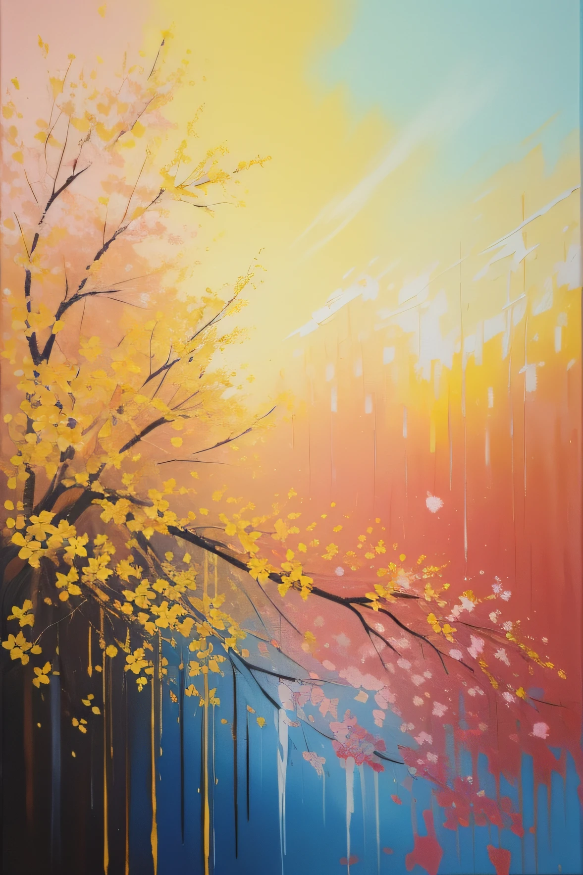 ((Painting, Oil on Canvas, Spray Printing Oil Paintings Art Abstract Theme Canvas Modern Style )), masterpiece, Yellow flowers in the wind gently sway
The autumn wind turned pink on my cheeks