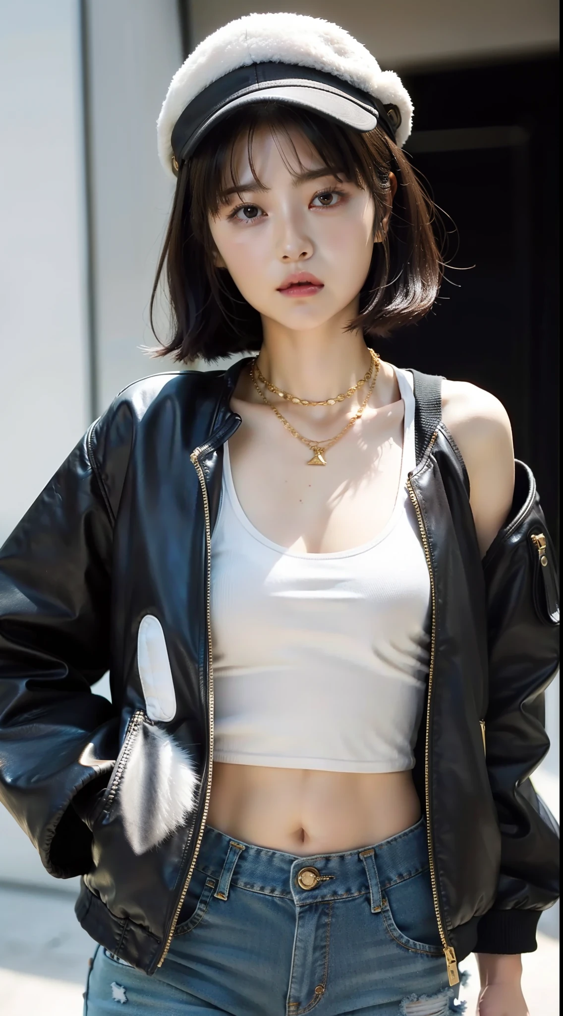 1 girl, , tiny tits, white tank top crop, tight short jeans, wolfcut hairstyles, open black jacket, (pink lips:0.5), masterpiece, ultra details, high res, 70mm lens, (six pack abs:0.8), hip hop cap, golden necklace,