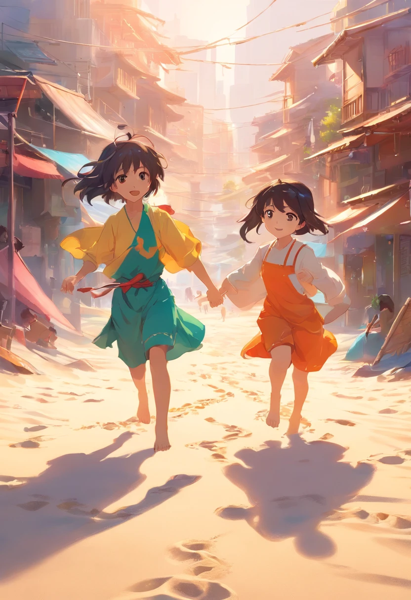 Children playing on the sand, by Ross Tran. scenery background, ryan dyar, Environmental painting, beautiful oil matte painting, Photorealistic landscapes, 4k HD Matte Digital Paintings, 8 k resolution digital painting, 8k resolution digital painting, Surreal landscapes, inspired by Raphael Lacoste, Illustration Matte Painting, beautiful digital painting