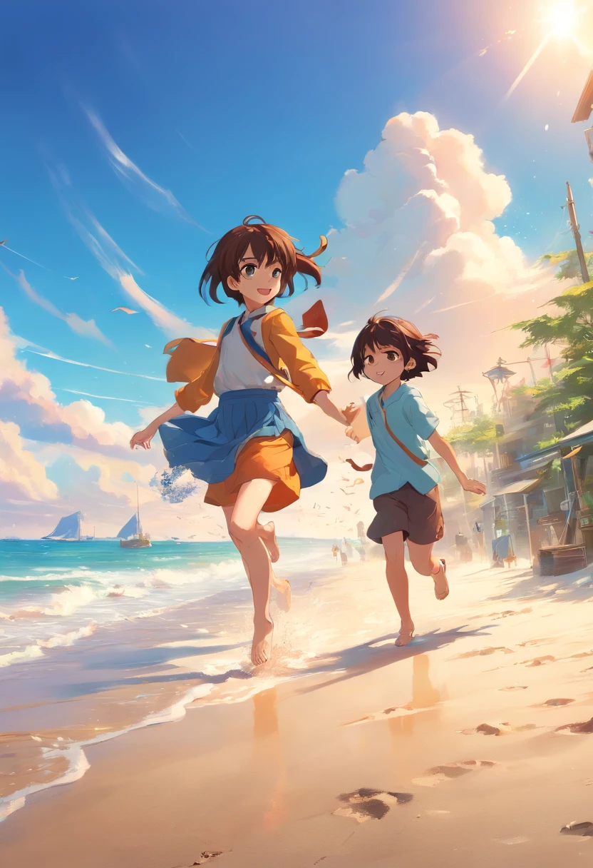 Children playing on the sand, by Ross Tran. scenery background, ryan dyar, Environmental painting, beautiful oil matte painting, Photorealistic landscapes, 4k HD Matte Digital Paintings, 8 k resolution digital painting, 8k resolution digital painting, Surreal landscapes, inspired by Raphael Lacoste, Illustration Matte Painting, beautiful digital painting