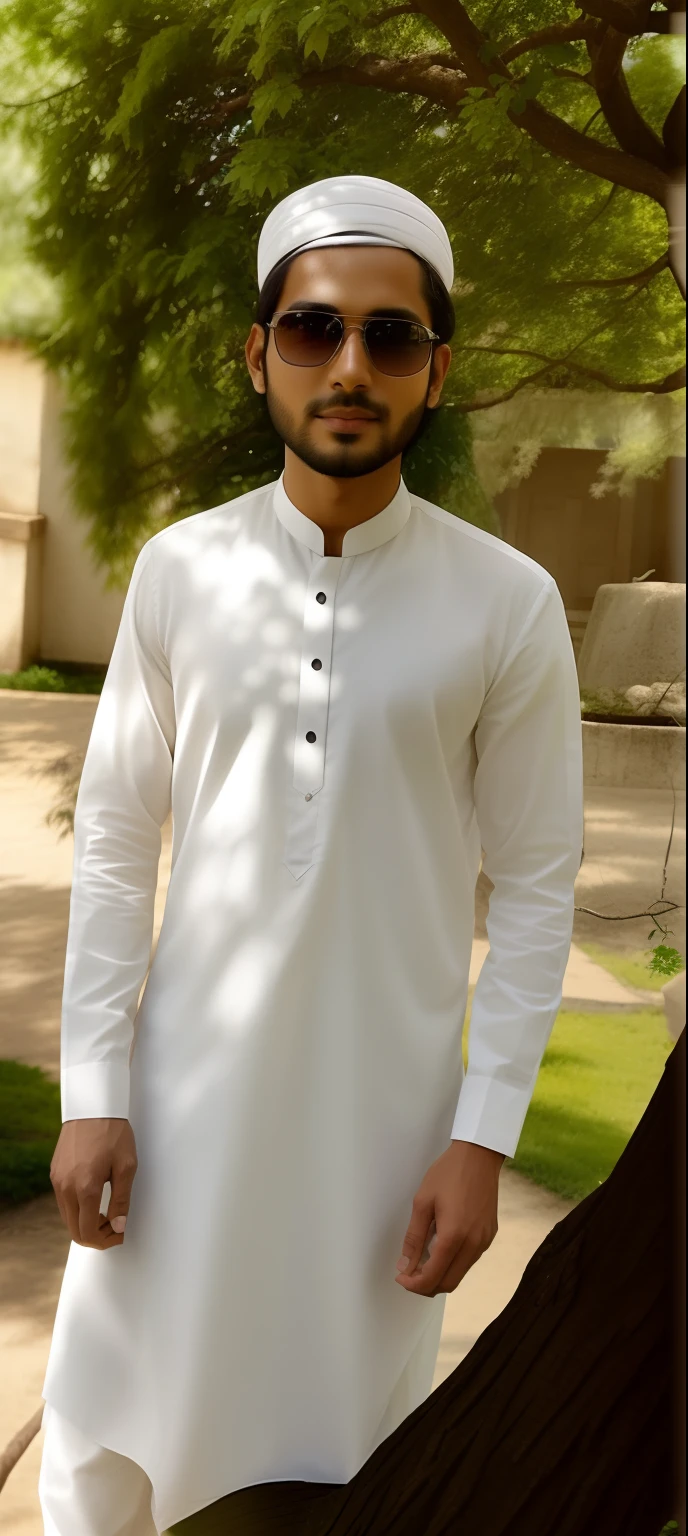 man in white shirt and black hat standing in front of a tree, wearing a kurta, around 1 , very very low quality picture, very realistic face without any change in face