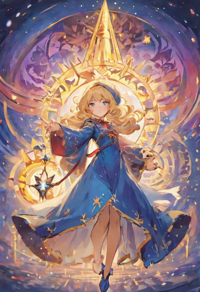 ((Masterpiece:1.2, Best quality)), 1girll, Solo, (Witch hat), Blonde hair, Long hair, dress, aurora, Night, Star (sky), mitts, sky, White dress, Night sky, Open mouth, Starry sky, Blue eyes, ribbon, Very long hair, Red dress, Smile, Hair ribbon, Cape, Blue hair, (Bird), magic, casting spell, Dark clouds, Night, (Impressionism:1.4), (tarot:1.3), Alphonse Mucha,