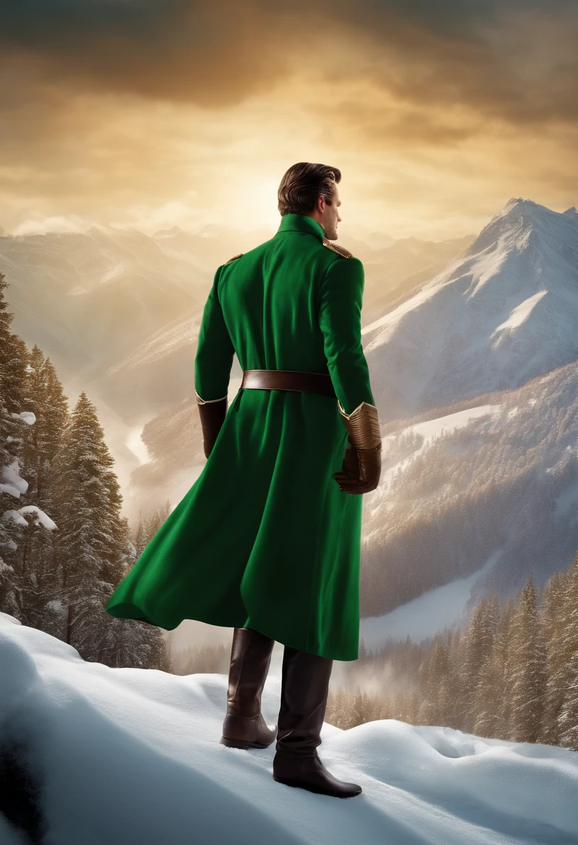 Bruce wayne dressed in green uniform kills with a lamp in his hand on a brown mountain with snow on the peak, in high resolution.