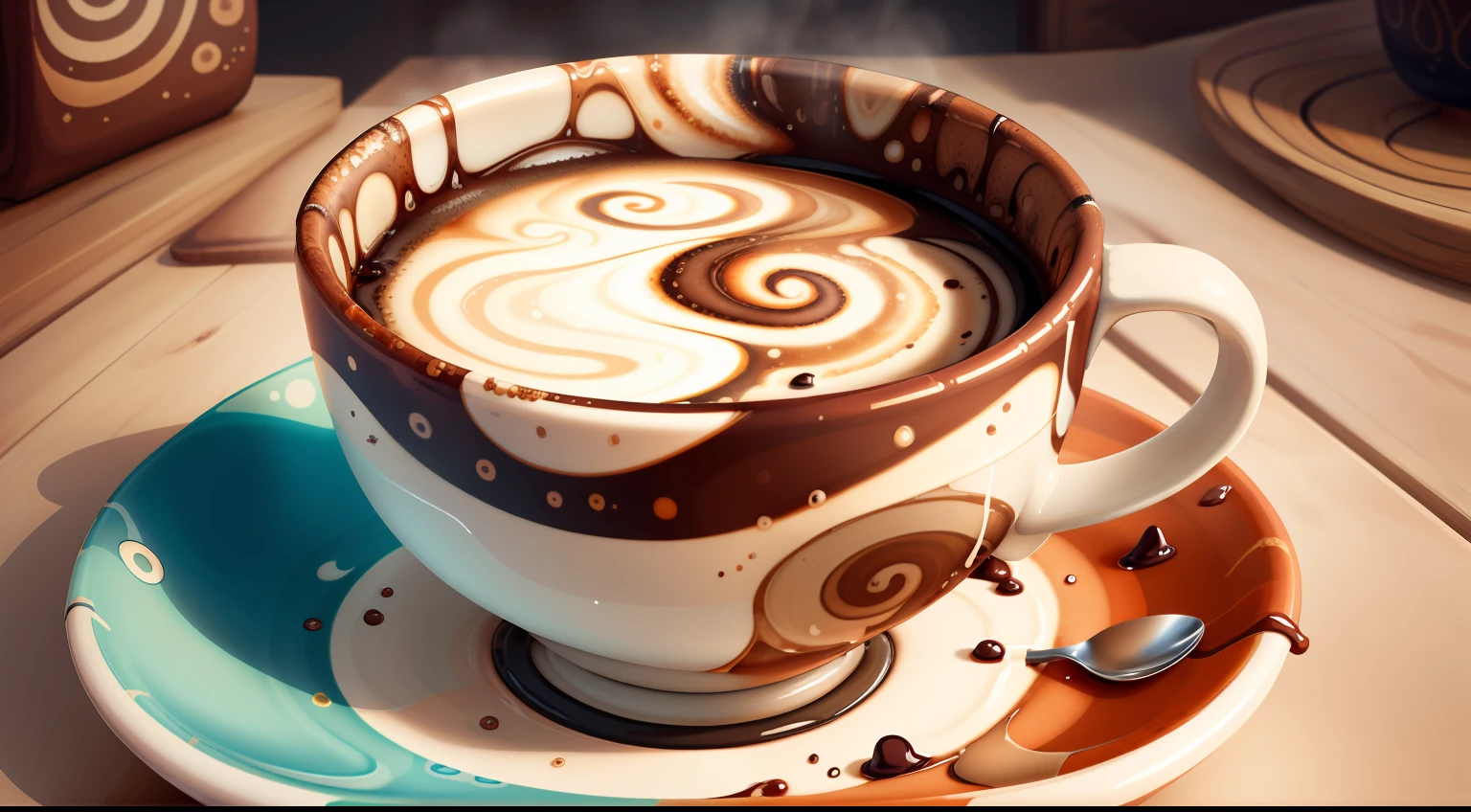 (Drinks in abstract pattern style:1.0) で (Abstract Pattern Style Cup:0.9), Coffee and milk colored particles