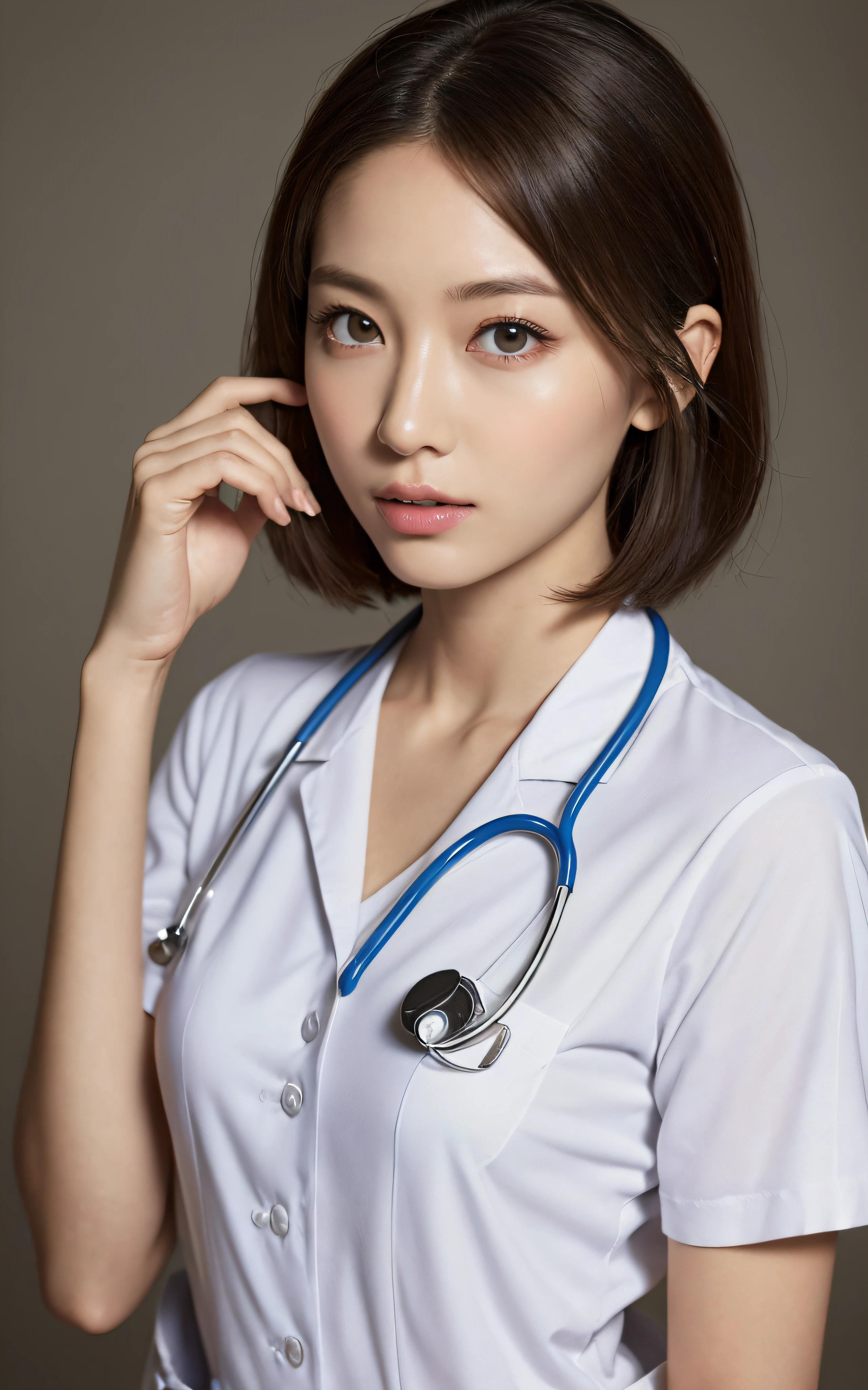 ((Nurse))、Angel in White、Extraordinary beauty、full body Esbian、inside hospital、(((a miniskirt)))、((Unbutton your shirt、Chest is open.))、((Revealing nurse clothes))、Short-cut hairstyles 、Women in Japan、Photorealsitic、Beautiful detailed eyes、Hyper-Realism、highcontrast、Ultra HD、realistic skin textures、Top image quality、top-quality、超A high resolution、Fine details、Very meticulously