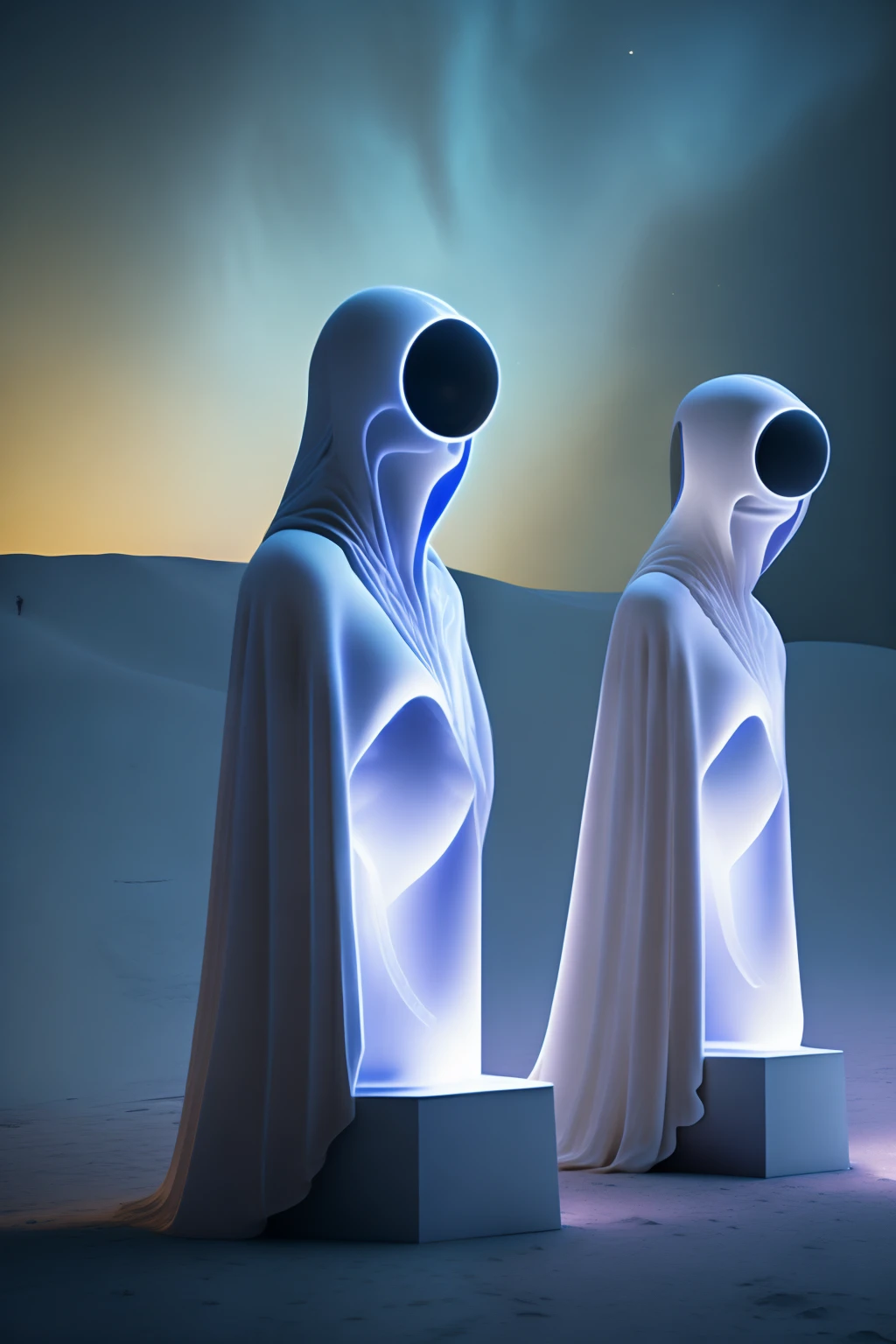 Ghost statues of futuristic aliens from transcendents in another dimension of the universe