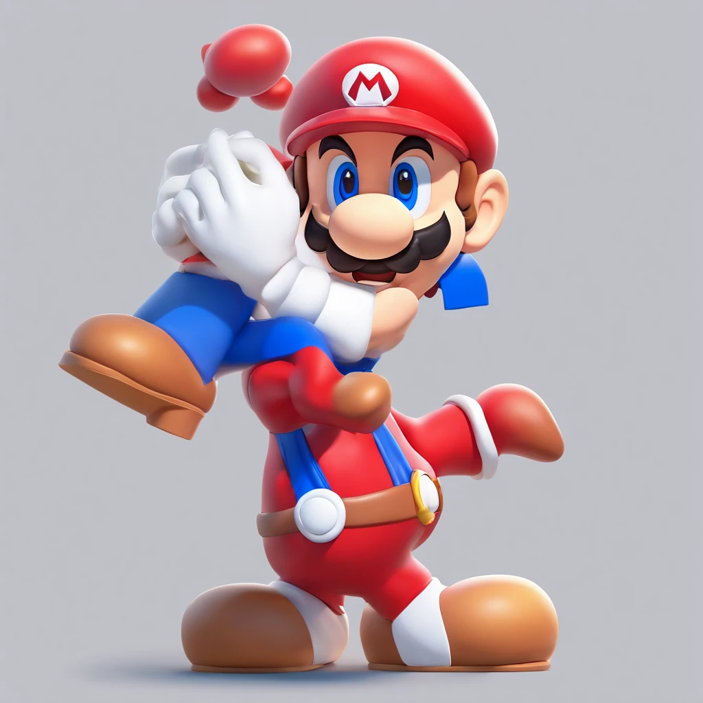 (mario), Character design, Nintendo Super Mario, (Blue eyes, Red Hat, Red suit, Blue suspenders, White gloves, )Super cute blind box style, tchibi, full bodyesbian, exaggerated expressions and movements, Clean background, bright iridescent highlights, Studio lighting, Atmospheric lighting, The texture is delicate, High detail, high resolution, C4D, 。.。.3D, blender, 8K, Best quality, hyper HD