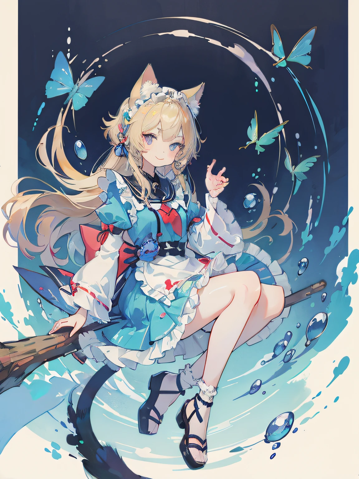 Anime girl in blue dress with stick and cat, anime cat girl in a maid costume, Lori, a blond、The long-haired、Very Beautiful Anime Cat Girl, anime catgirl, Someone, attractive cat girl, inspired by Leiko Ikemura, aya takano color style, in ryuuou no oshigoto art style, Cat Girl, touhou character, Rei Hiroe、With a smile