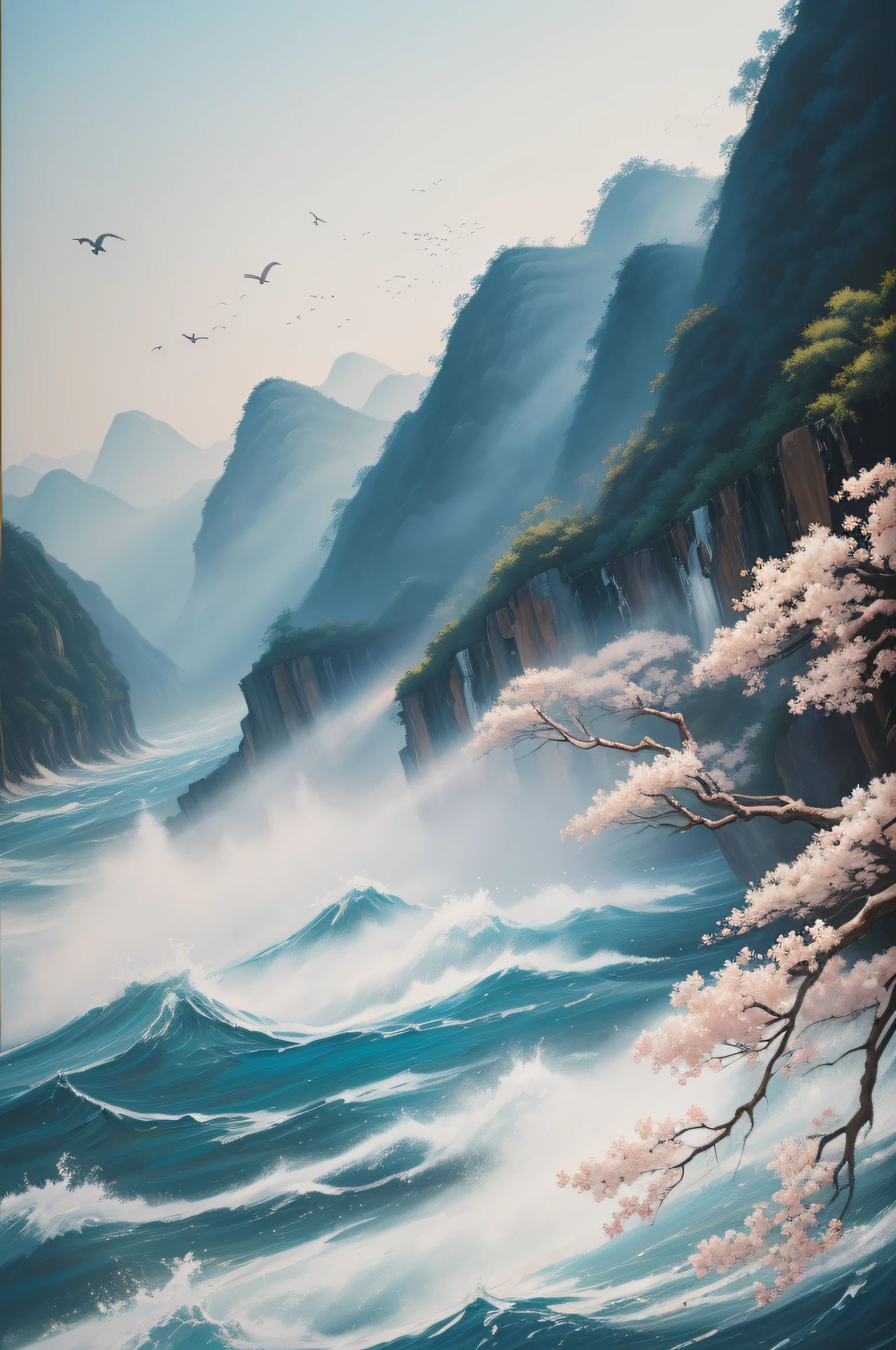 ((Painting, Oil on Canvas, Spray Printing Oil Paintings Art Abstract Theme Canvas Modern Style )), masterpiece, The wind is strong and the ape is howling in the sky,
The white birds fly back from the clear sand of Nagisa.
The endless fallen trees rustled,
The Yangtze River is rolling in.