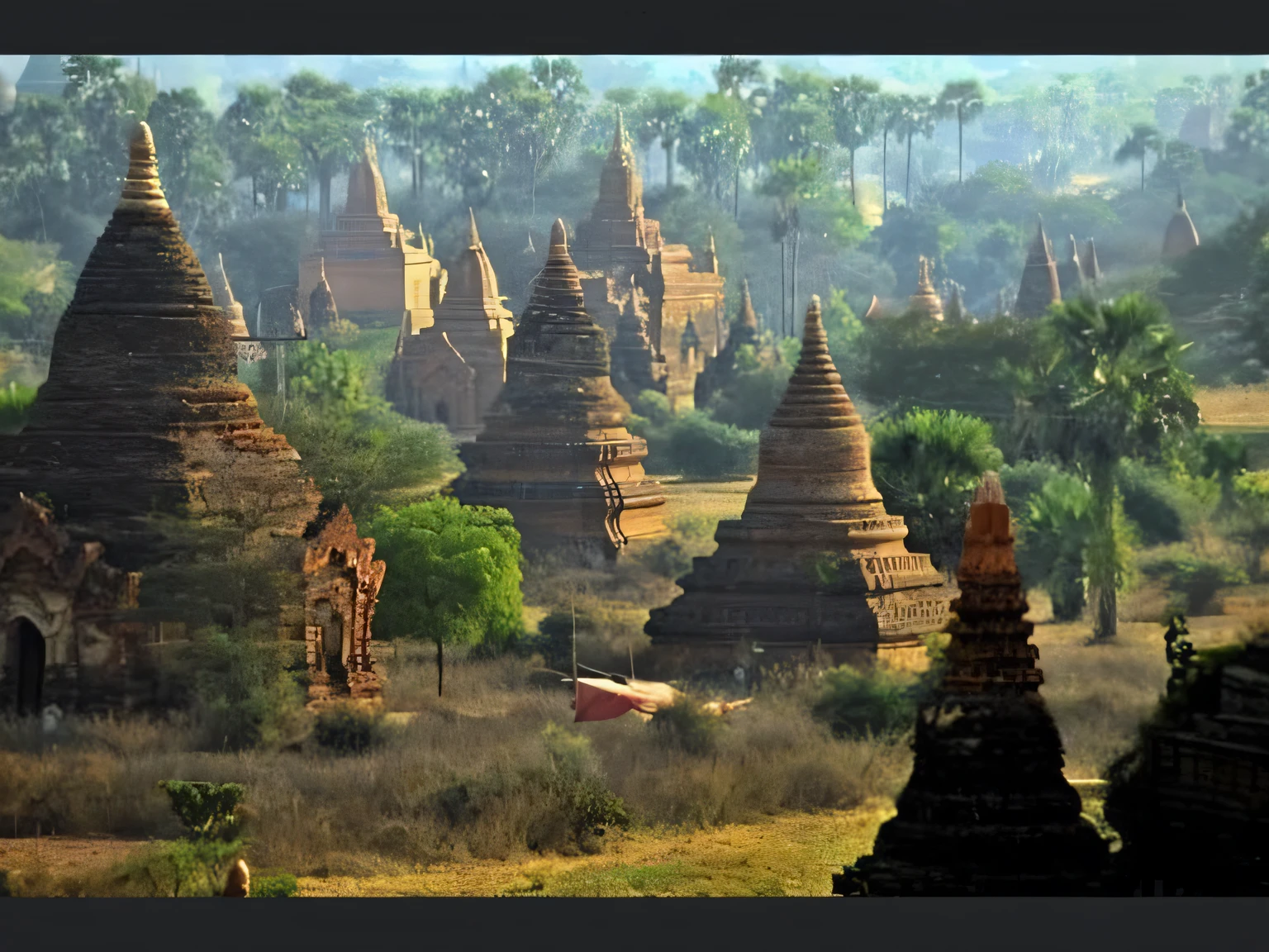 arafed view of a field with many pagodas in the distance, pagodas on hills, large temples, myanmar, glowing temple in the distance, ancient city landscape, buddhist, temples behind her, beautiful ancient ruins behind, sacred ancient architecture, ancient city, mysterious temple setting, temple in the distance, epic land formations, buddhism, buddhist architecture, ancient”