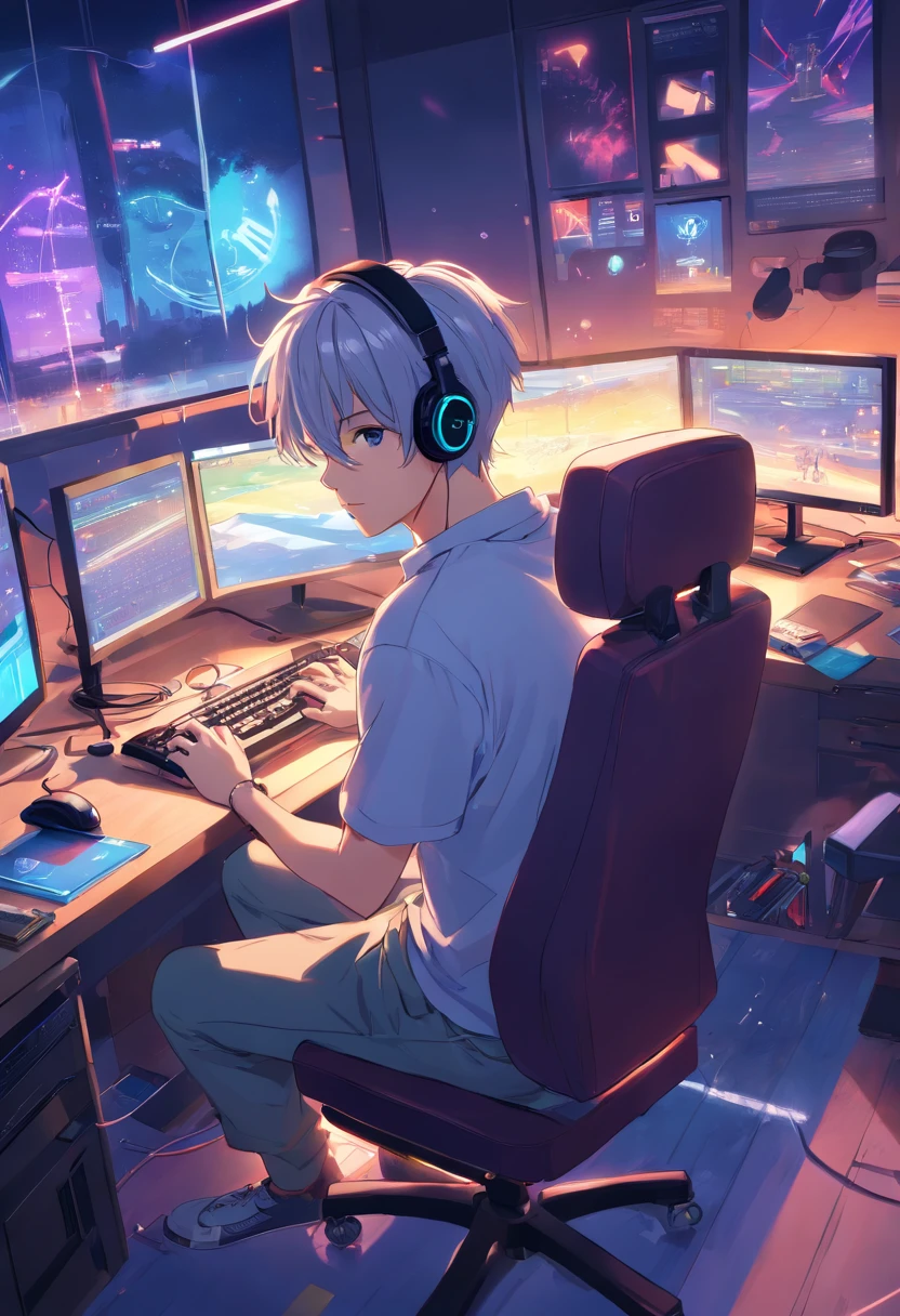 Distributor streamer male people Adult males Viola neons headphones Silver hair Gaming Desk Gaming Chair Gaming PC Internet Rin々Nice face from side sitting on kirakira optic distribution subculture creator tshirts microphone gamer games From above Esports keyboard