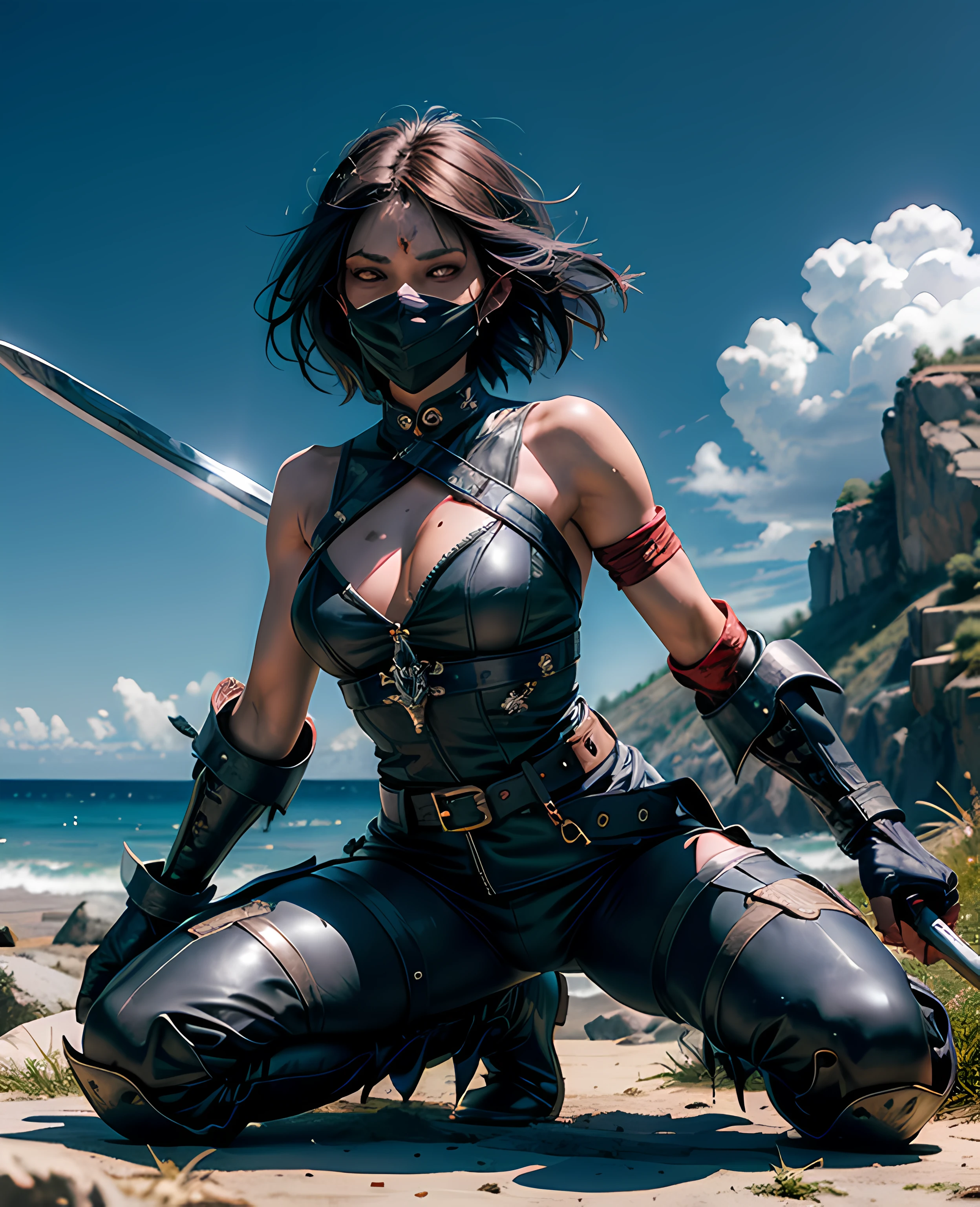 warrioress，Bones all over the ground，Left-handed spear，Long sword in the right hand，full bodyesbian，black toga，black long pants，black long boots，cartoony，Stained with blood，Corpse mountain and sea of blood，female！，cabelos preto e longos，black facemask
