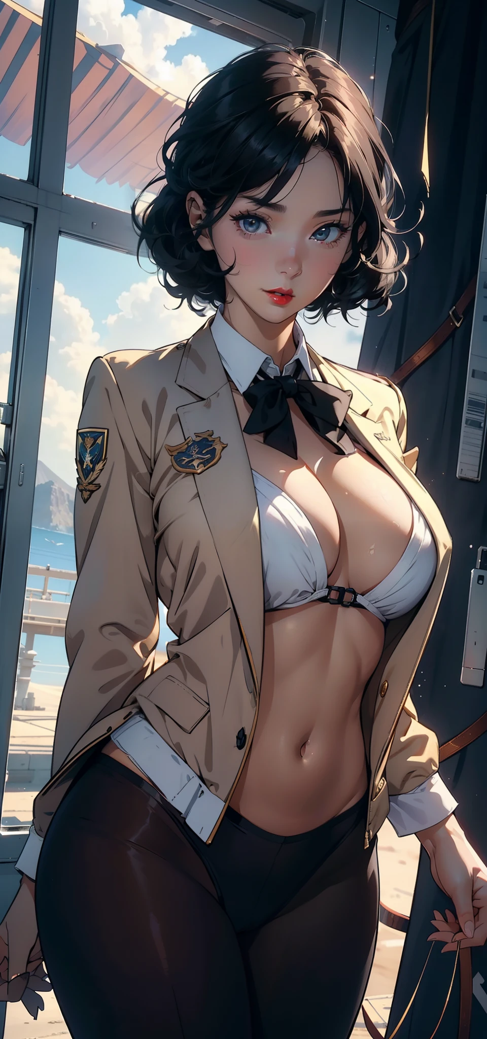 1female,35yo,plumw,extremely large bosom, 独奏,(Background with:A desert,aerodrome,Planes) She has very short black hair,bobo head,Stand on the plane,,seen from the front, curlies, mostly cloudy sky,(((tmasterpiece),(Very detailed CG unity 8K wallpaper),best qualtiy,cinmatic lighting,detailed back ground,beatiful detailed eyes,Bright pupils,Black eyes,Snow-white skin,Redlip(Very fine and beautiful),(Beautiful and detailed eye description),ultra - detailed,tmasterpiece,)),facing at camera,A high resolution,ultra - detailed),revealing breasts,Bare genitalia, Bulge,legs are open,Raised sexy,Camel toes,Flushed complexion,Desire for dissatisfaction,frontage,us airforce,Aviator,military officer(Wearing:blazer jacket,Gold wire embroidery,tailcoat,neck bowtie,Black pantyhose,Bare breasts)