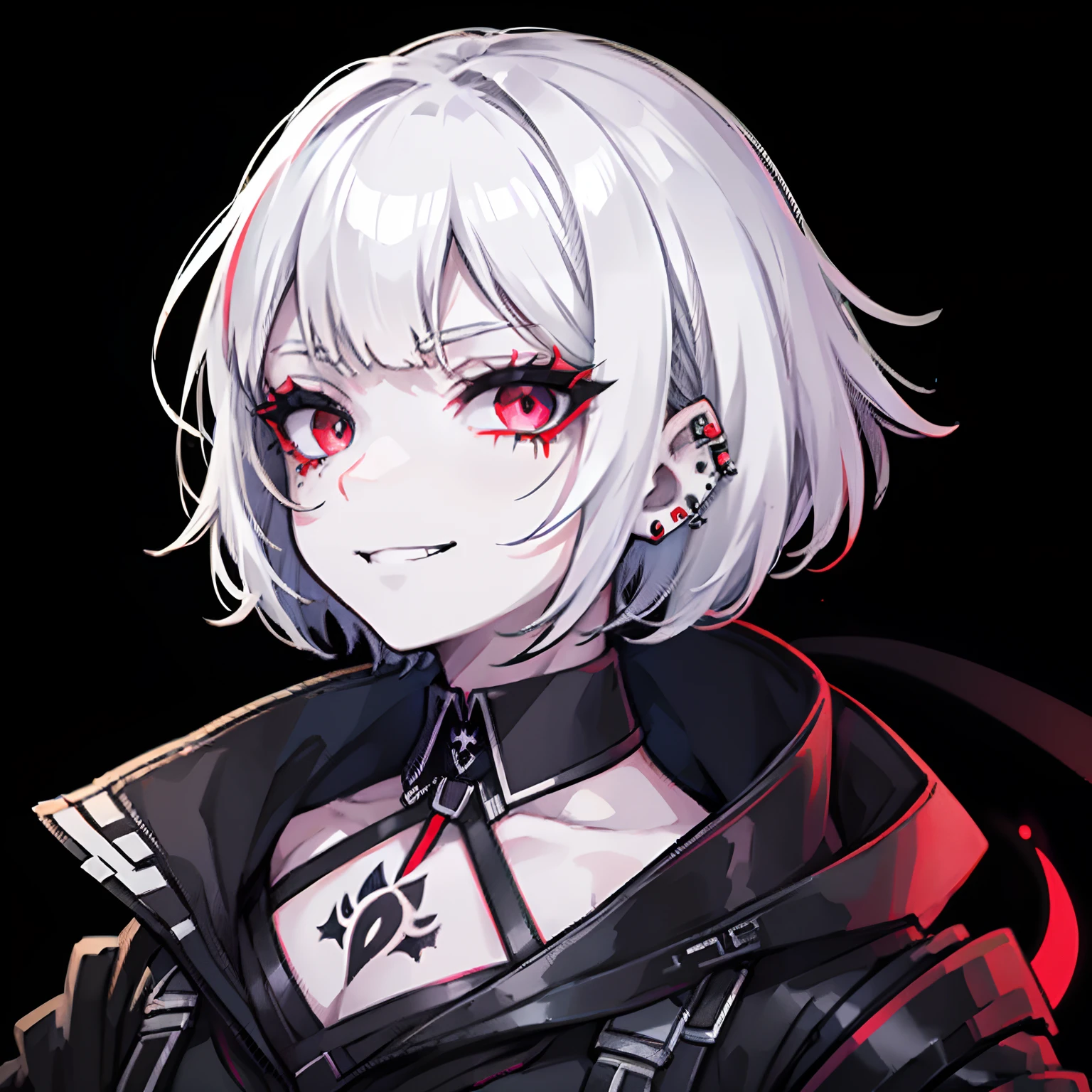 (portrait:0.9), 1girl, flat chest, black office shirt, black colar, white hair, short hair, black lipstick, starsector, black background, piercing, neck tattoo, red eyes, smug face expression, pale face, grin