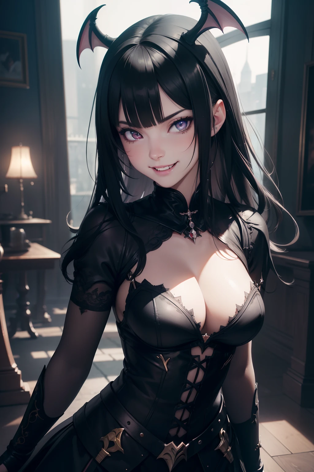 (Girl, succubus, black hair, showing a fang, pure smile, evil smile:1.2) Style Princess, (Steve Keller:1.08), Masterpiece, Best quality, Highest quality, Cinematic lighting, (voluminetric lighting), Extremely detailed Cg Unity 8K wallpaper, Focused, 8K wallpaper, 4k wallpaper, Extremely detailed, Ultra photo realsisim, Photorealistic, Sharp focus, absurderes, (hdr:1.2), (High contrast), photographed, Detailed and intricate, Instagram, Portrait, Highly detailed, Digital painting, art stations, concept-art, smooth, Sharp focus, illustration, Cinematic lighting