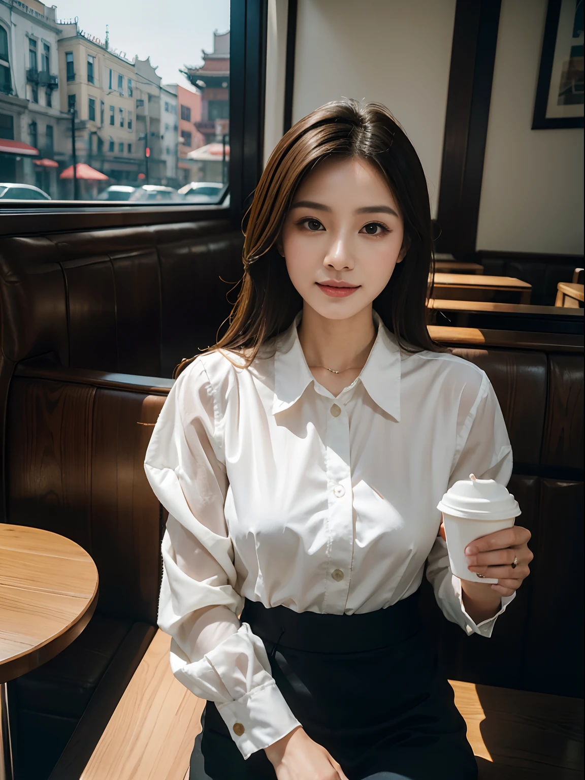 30 year old fashionable white collar woman sitting in café drinking coffee , Delicate Makeup , Chinese Lady , Canon 35mm lens , Photorealistic , a picture ,4K