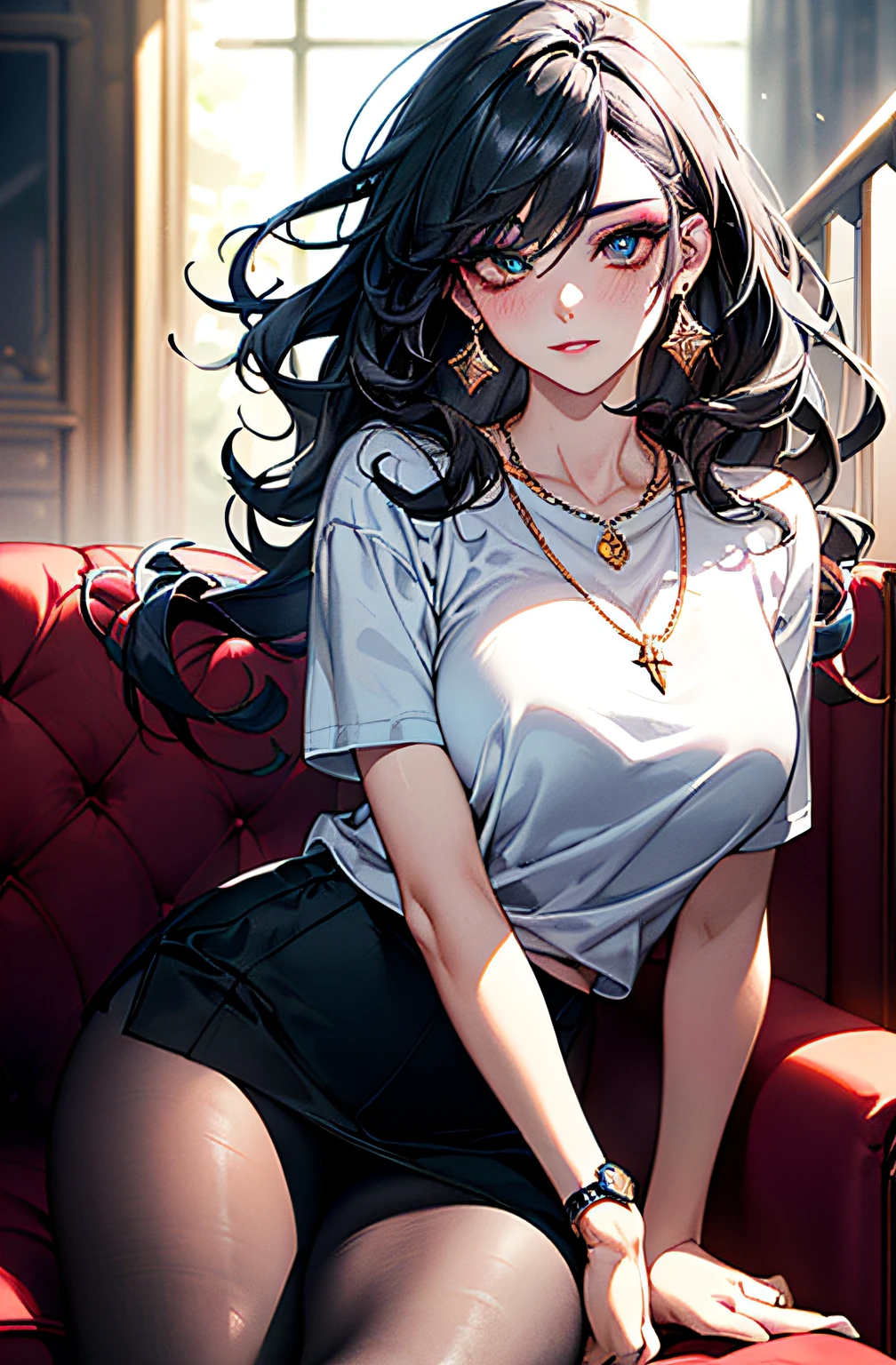 （best qualtiy，8K，tmasterpiece），1boys，（Eye 1:1，Clear eyes，Elaborate Eyes，Delicate pupils，Details of the eyes，good eyes），In black suit，Face focus，Adults，best qualtiy，detail in face，Sit in the room，sitting in the couch，细致背景，Diffused sunlight，depth of fields，Background bokeh for optimal light，Best shadow，电影灯光，（realskin），Ray traching，Unreal Engine 5，Reflective skin，Digital illustration，Game CG characters，(Body edge lighting，Colored light sources are around)，There is wind blowing hair，Looking into the distance
Morning，Black color hair，（best qualtiy，8K，tmasterpiece），(Sit inside the room，sitting in the couch，Capture），(A pretty maiden，having fun，cabelos preto e longos，Long messy hair，curlies，Huge eyes:1.3，Long eyelashes，Delicate makeup:1.4，Sexy lips，Blushlush)，(Exquisite watches，Reflective necklace，Bulgari's earrings，Bulgari's ring)，(Sit inside the room，sitting in the couch，Capture），（Fashionable outfits，dressed in a white t-shirt），（middle  breasts，endure），(Black oily transparent pantyhose），（Black hip skirt），Light ripe，Royal Sister，Best light，Best shadow，电影灯光，28 years old，1girll，Need，（realskin，Supple skin）Ray traching，Unreal Engine 5，Reflective skin，Digital illustration，Game CG characters，super model，（kpop,heartthrob），(Body edge lighting，Colored light sources are around)，There is wind blowing hair，Looking into the distance