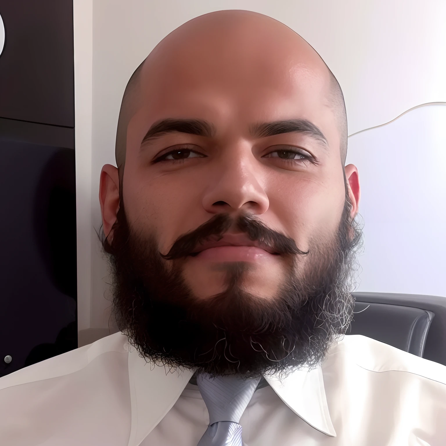 there is a man with a beard and a tie sitting in a chair, mohamed chahin, bald with short beard, professional profile picture, mohamed reda, full beard, with a full black beard, professional picture, david rios ferreira, black curly beard, profile image, without beard, curly black beard, taken in the early 2020s