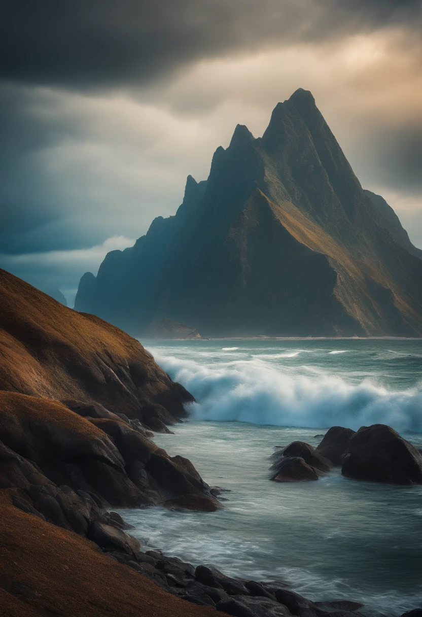 Ancient mountains in the old style on the shores of a stormy sea
