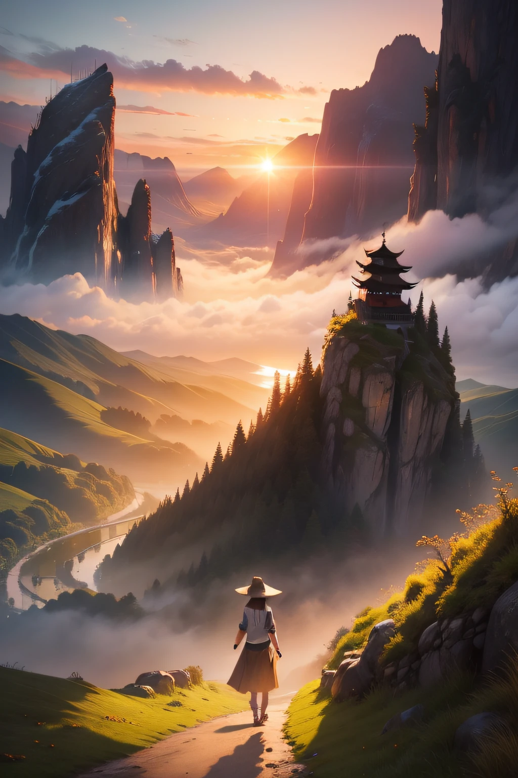a mysterious valley with beautiful sunset and a little misty, it's like in Ancient china, a beautiful girl walking in it enjoying the atmosphere