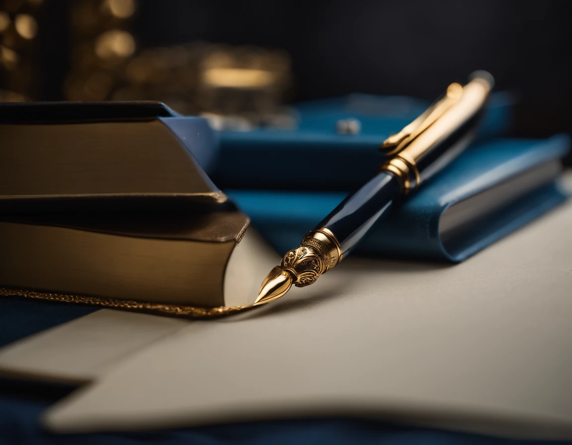 a blue notebook with gold ornaments and a fountain pen.