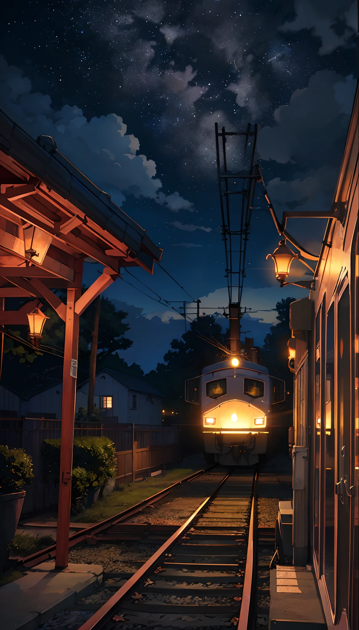 tmasterpiece，Anime train passing through a body of water on the tracks， (Glittering starry sky:1.2)。Romantic Train，Makoto Shinkai photo，pixiv，concept-art，Laffy art style，Reflectors。 by makoto shinkai, lofi art, Beautiful anime scenes, Anime landscapes, detailed scenery —width 672, in the style of makoto shinkai, style of makoto shinkai，Detail Enhancement。