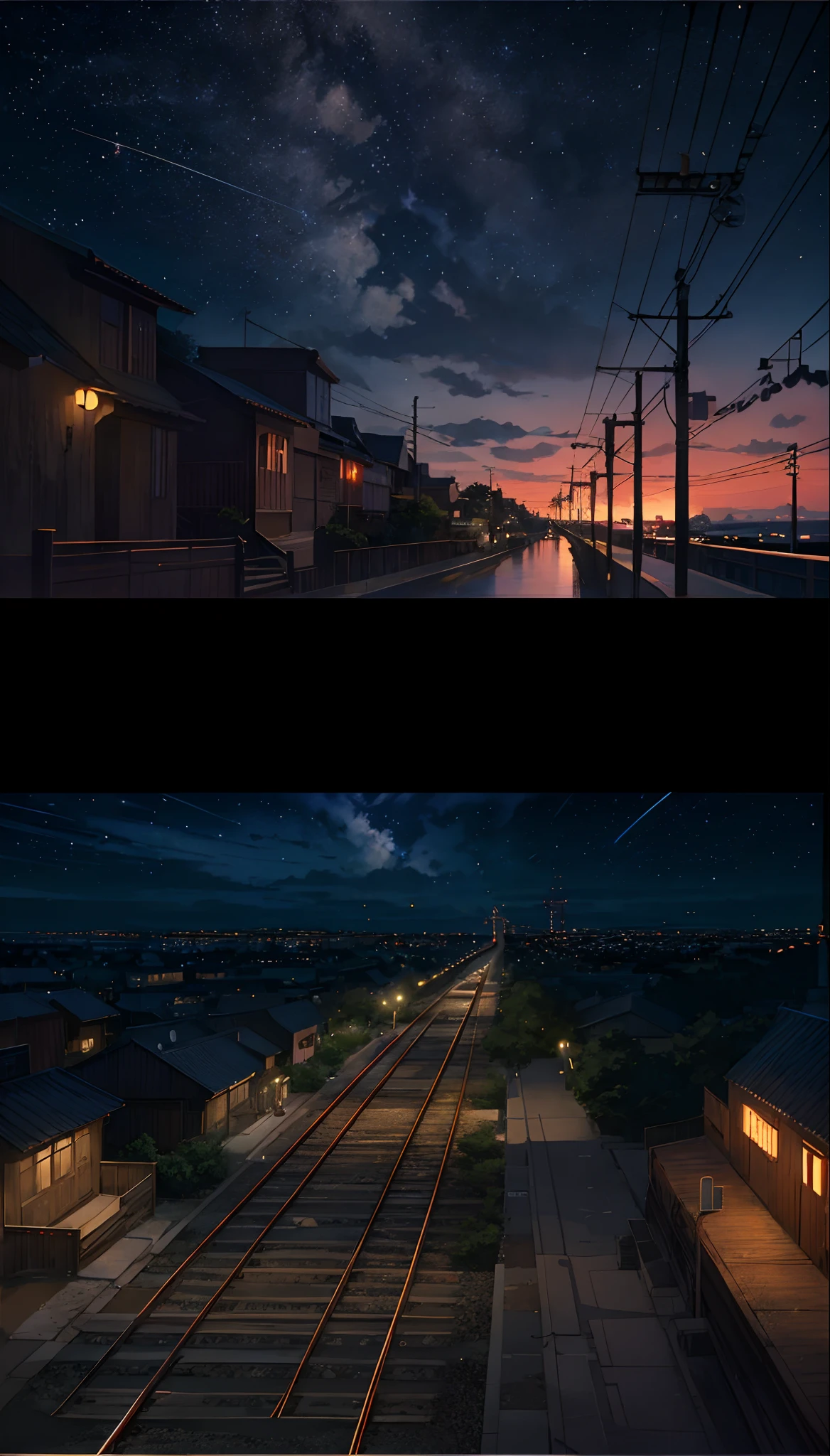 tmasterpiece,Anime train passing through a body of water on the tracks, (Glittering starry sky:1.2)。Romantic Train,Makoto Shinkai photo,pixiv,concept-art,Laffy art style,Reflectors。 by makoto shinkai, lofi art, Beautiful anime scenes, Anime landscapes, detailed scenery —width 672, in the style of makoto shinkai, style of makoto shinkai,Detail Enhancement。