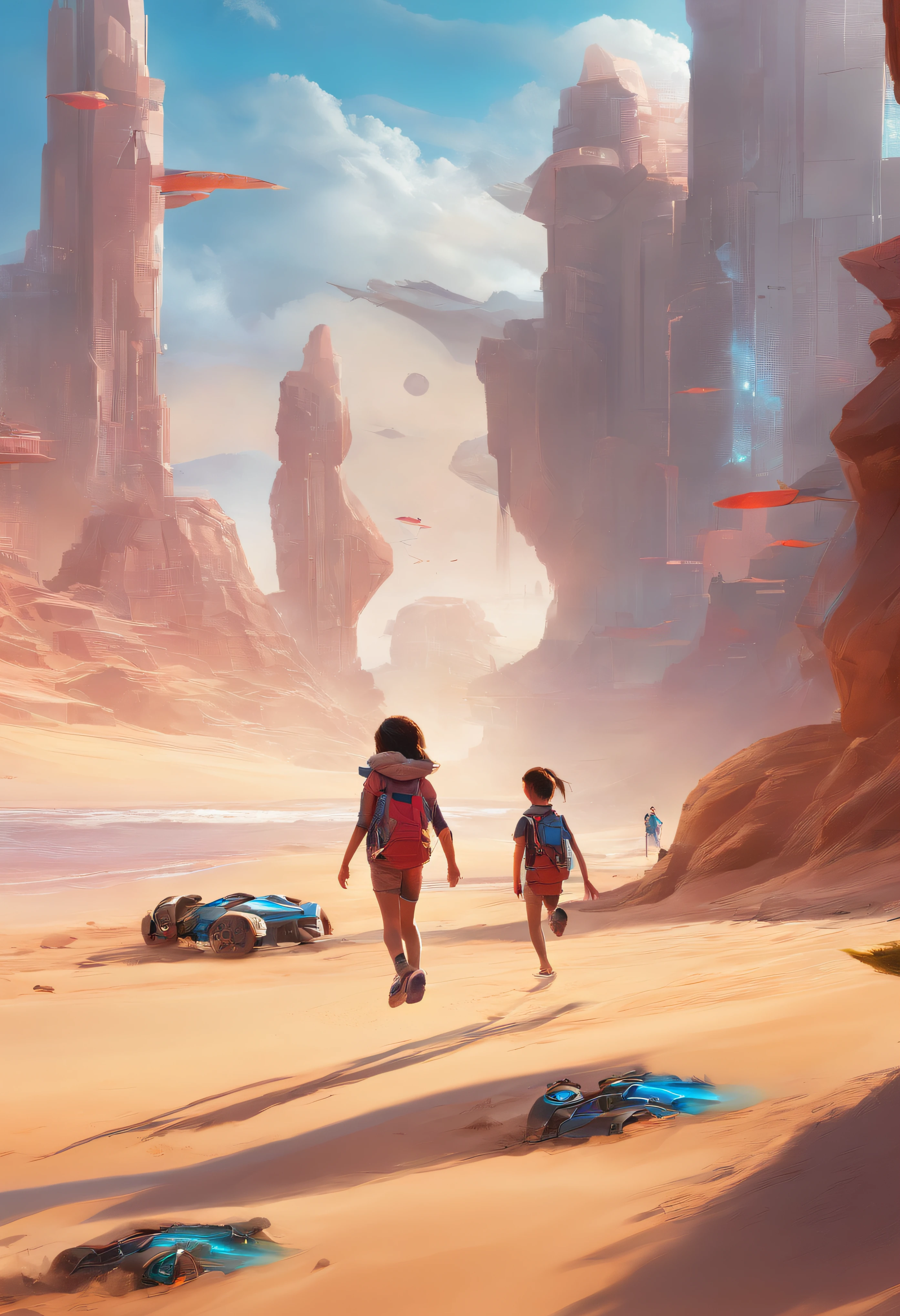 children playing on the sand, ross tran. scenery background, ryan dyar, environment painting, Beautiful oil matte painting, photorealistic landscapes, 4k hd matte digital painting, 8 k resolution digital painting, 8k resolution digital painting, hyperrealistic landscape, inspired by Raphael Lacoste, Illustration matte painting, beautiful digital painting