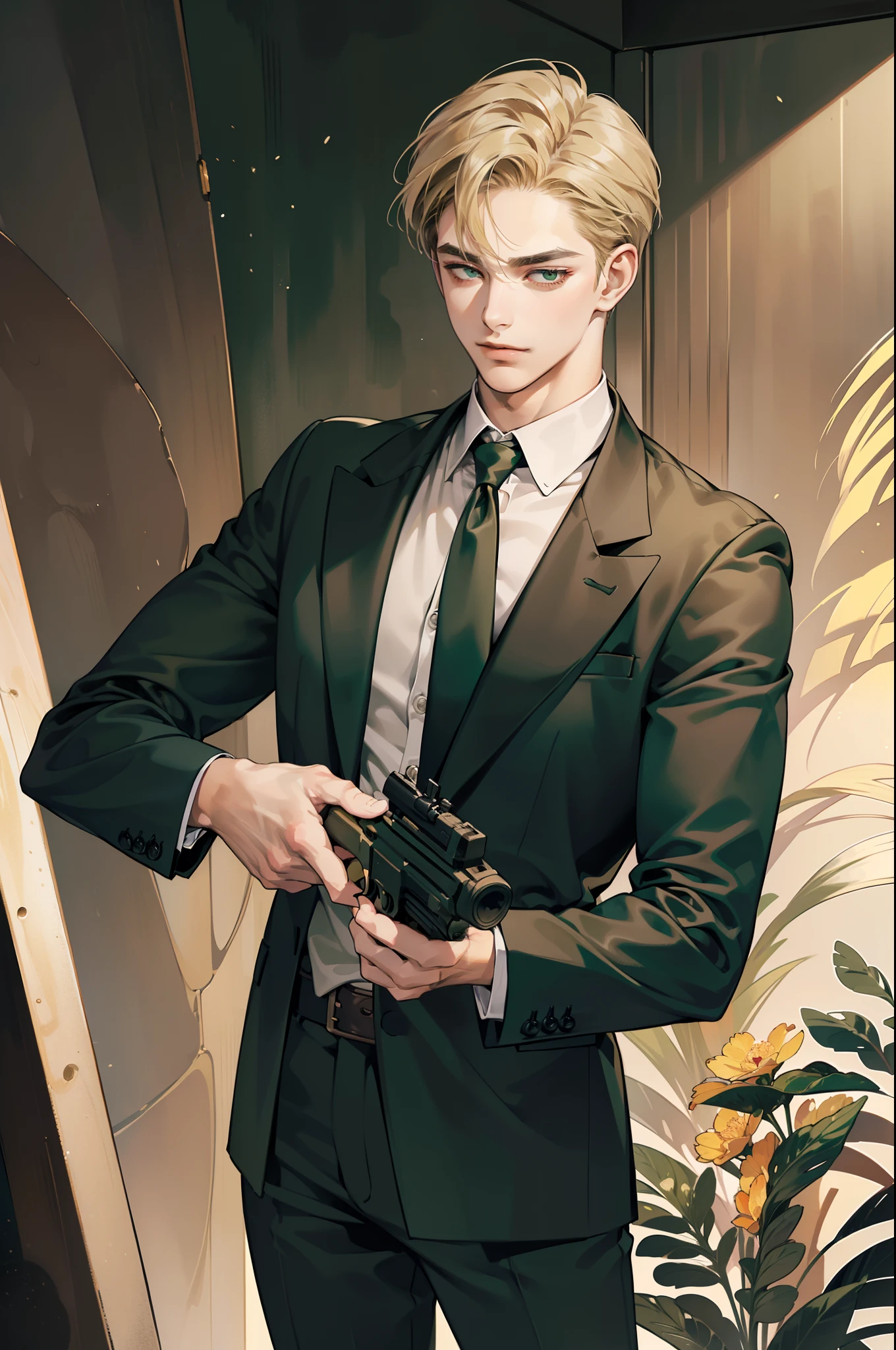 masterpiece, best quality, realistic, 1man, mature male, quiet and charming young man, 18 years old, close his eyes, smirk, closed mouth, extremely detailed face, a little distant, ((dark green eyes)), ((short-side-swept sandy blonde hair)), [thick eyebrows], mafia, full body, (in black suit), ((hold a gun)), accurate, detailed
