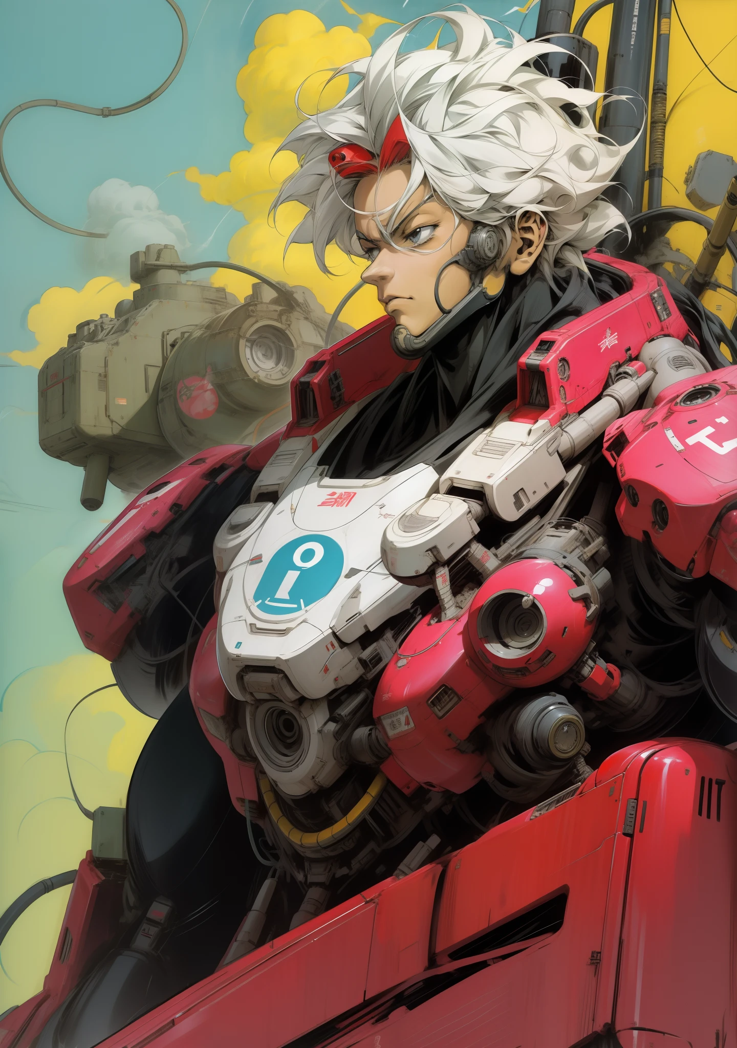 Robot estilo anime de los 90 hecho de piezas de tanque. al estilo del anime vintage de los 90, surrealismo, AKIRA. anime line art.