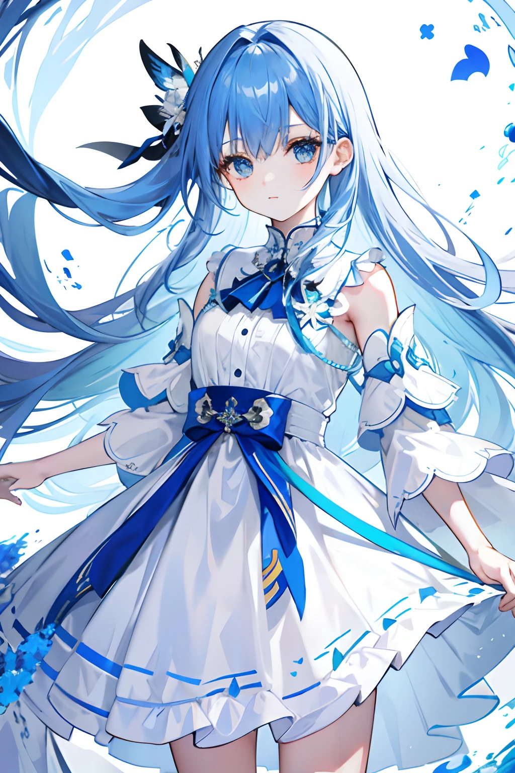 Long blue hair,teens girl,White dress
