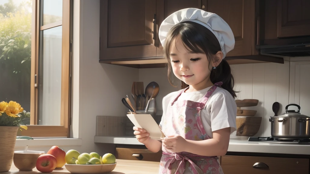 (best quality,4k,8k,highres,masterpiece:1.2),ultra-detailed,realistic,portrait,photography,colorful,soft lighting,kitchen,child chef,playful,curious expression,apron,cutting vegetables,wearing chef hat,wooden chopping board,variety of colorful fruits and vegetables,fresh ingredients,sunlit background,vibrant colors,tasty dishes on the table,happy atmosphere,warm and inviting,artistic photo frame,decorated with flowers,dreamy brush strokes,ethnic patterns,beautifully crafted,meaningful artwork,harmonious composition,thought-provoking,creative inspiration,background filled with warmth and love