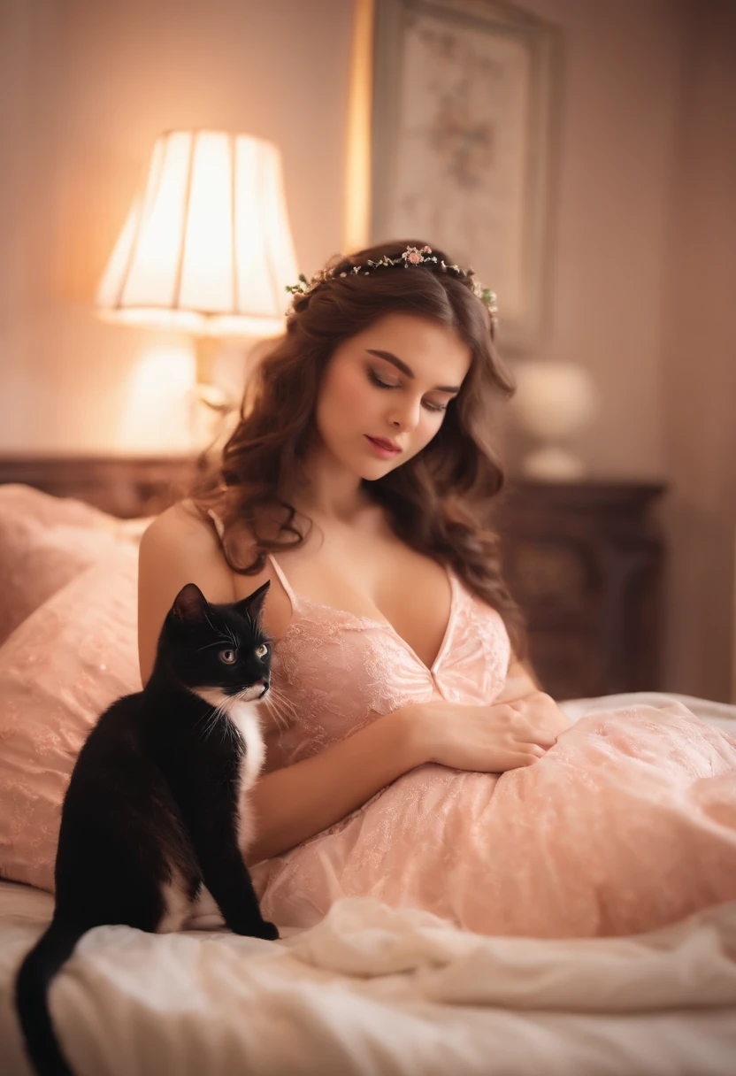 A beautiful dressed in cat lady erotic lingerie gives birth in bed