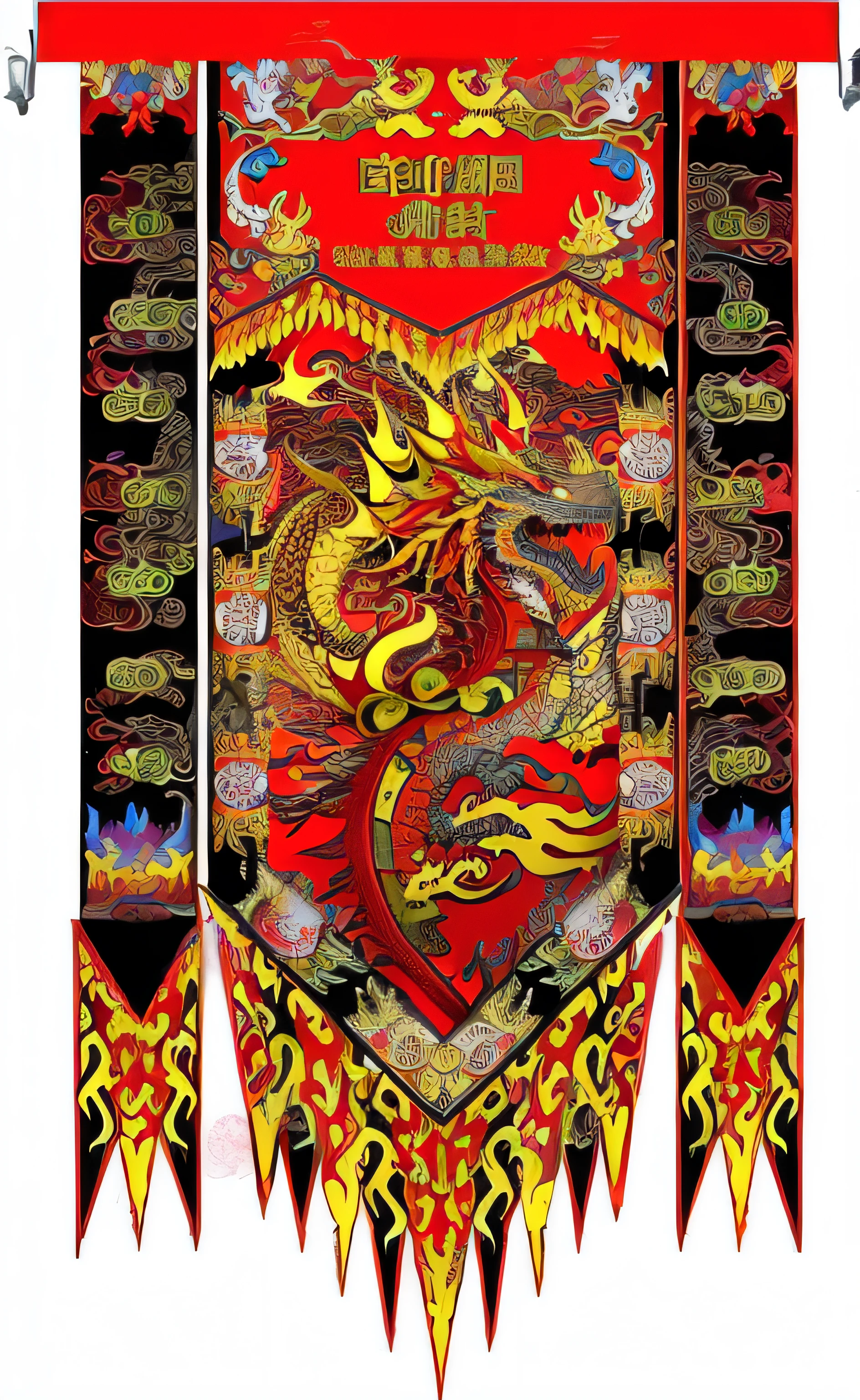 a red banner with a dragon and a dragon on it, china silk 3d dragon, fire flaming dragon serpent, samurai vinyl wrap, ornate with fiery explosions, chinese dragon, cloth banners, pinball machine parts, red banners, fire dragon, spectacular, fire flaming serpent, red dragon, ''dragon breathing fire, set on fire, smooth chinese dragon, ssao, sf