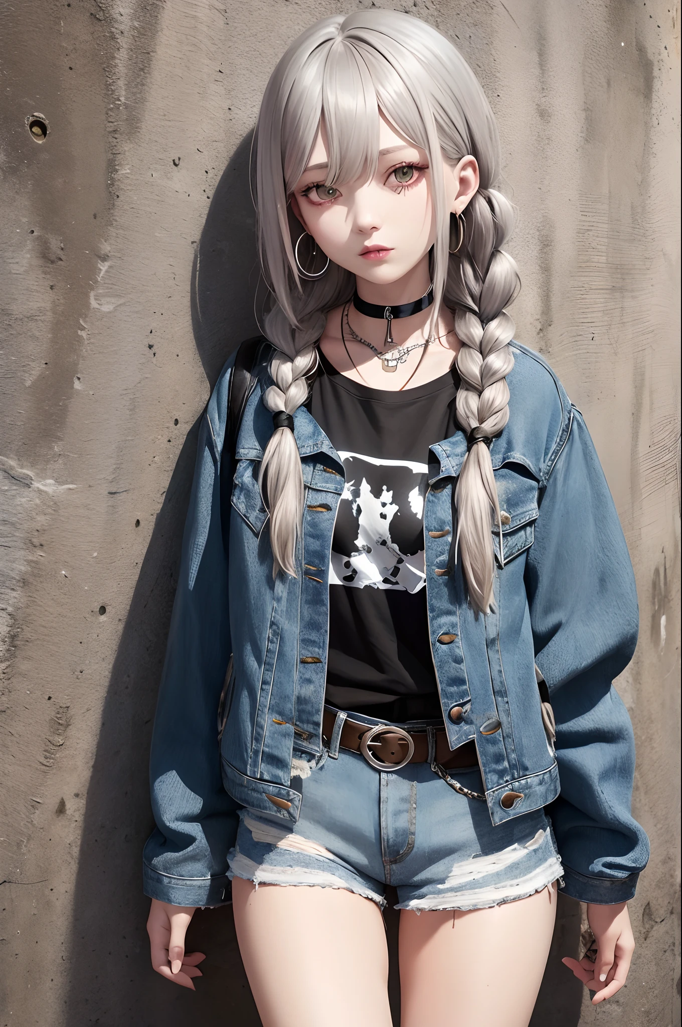 (masterpiece:1.2, best quality), (1lady, solo, upper body:1.2), Hair: long hair at waist, straight braids, Clothing: oversized, distressed denim jacket with patches and pins, paired with black skinny jeans and combat boots, Accessories: silver hoop earrings and a black choker necklace, Hanging out in an underground music venue or street art exhibit, (((nsfw))), bare chest, don't wear t-shirts