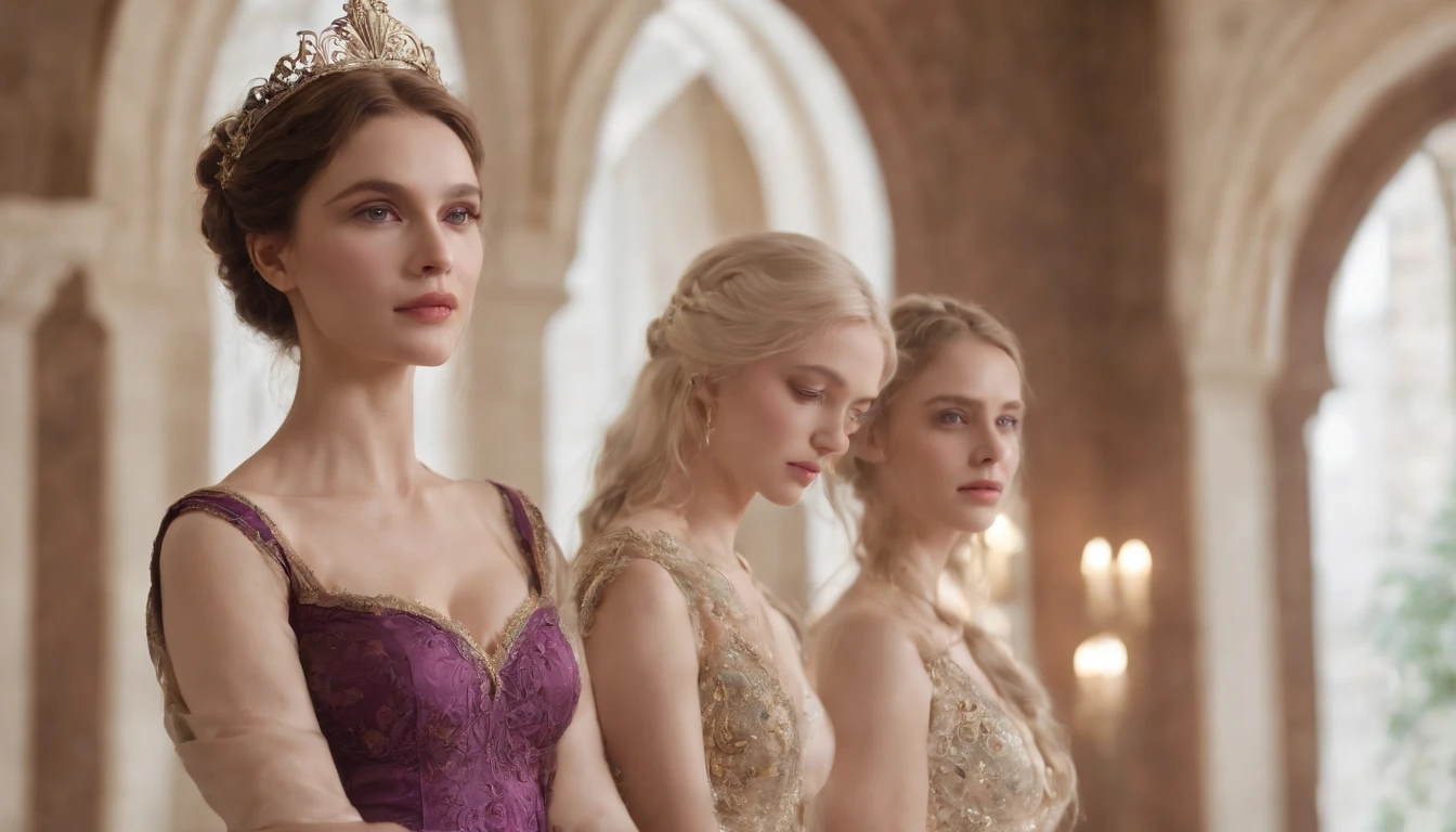 Two women in belly skirts on the carpet in front of the castle,One wears purple,The other wears gold,Full body like,(The two wore ornate jewelry:1.4),romanticism lain, two beautiful women in love, Classical beauty, Lace,ova,(A plump chest:1.2),(slender figures:1.4),(Flat belly:1.4),jewelry,Rococo,elegant glamourous cosplay,elegant cinematic fantasy art,elegant glamourous cosplay, elegant cinematic fantasy art, Realistic painting, Public places,Transparent clothes,2girls,hug,Kiss,Gaze into each other's eyes,Full of tenderness conveyed silently,AOA,Damp,Chest contact,Blue pupils