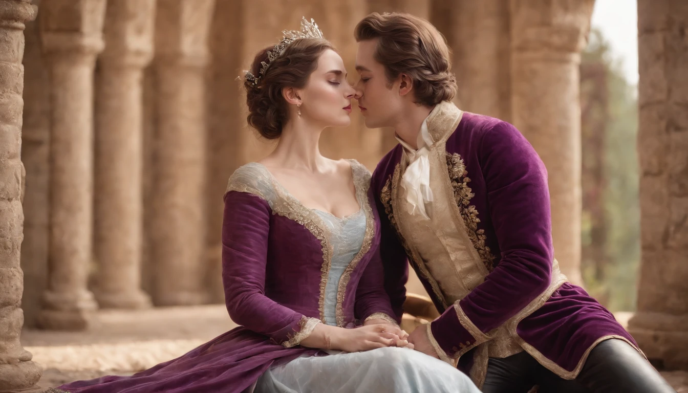 Two women in belly skirts on the carpet in front of the castle,One wears purple,The other wears gold,Full body like,(The two wore ornate jewelry:1.4),romanticism lain, two beautiful women in love, Classical beauty, Lace,ova,(A plump chest:1.2),(slender figures:1.4),(Flat belly:1.4),jewelry,Rococo,elegant glamourous cosplay,elegant cinematic fantasy art,elegant glamourous cosplay, elegant cinematic fantasy art, Realistic painting, Public places,Transparent clothes,2girls,hug,Kiss,Gaze into each other's eyes,Full of tenderness conveyed silently,AOA,Damp,Chest contact,Blue pupils