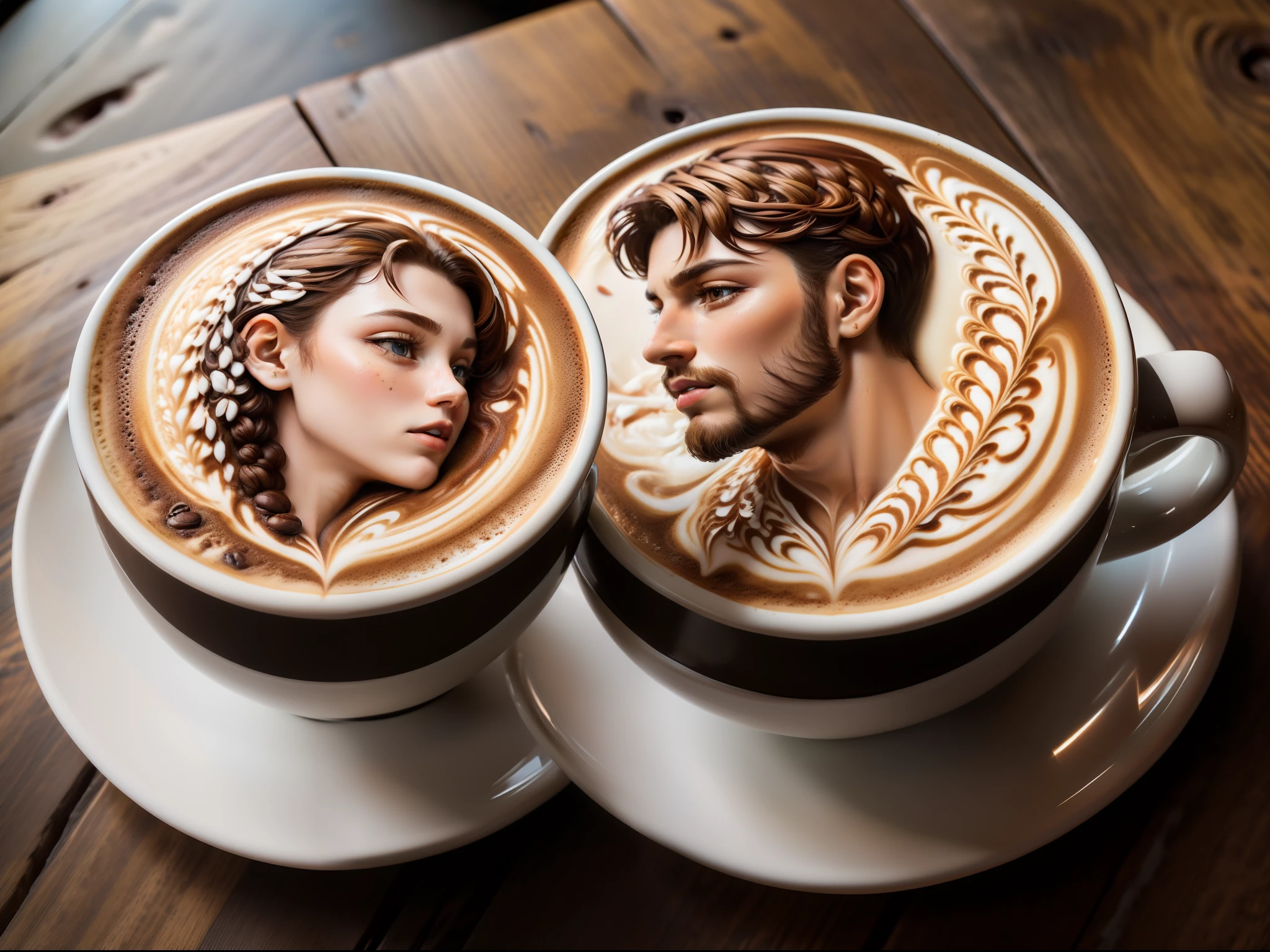 (Coffee cups placed side by side: 1.4), Latte art, Coffee art, (Latte art of a man and woman kissing: 1.4), (One depicts the profile of a girl: 1.2), (The other depicts the profile of a boy) Illustrated: 1.2), 2 in 1 Latte The art is complete, amazing art, amazing digital art, amazing artwork, incredible art, fully detailed art, overly detailed art, very Detailed art, (highest resolution, highest quality, master piece: 1.4, super detailed, 8K, 16K)