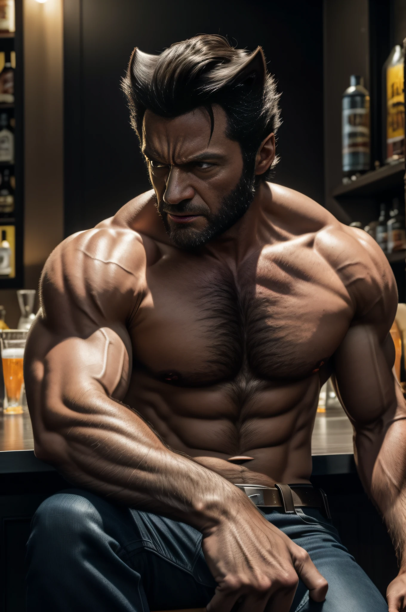 Wolverine , personagem de desenho , marvel , ultra realismo , Logan , bebendo cerveja , bar , corpo inteiro , camiseta branca rasgada , X-men , cinematic lighthing , tudo muito definido ,8k , Definition in image , Bar