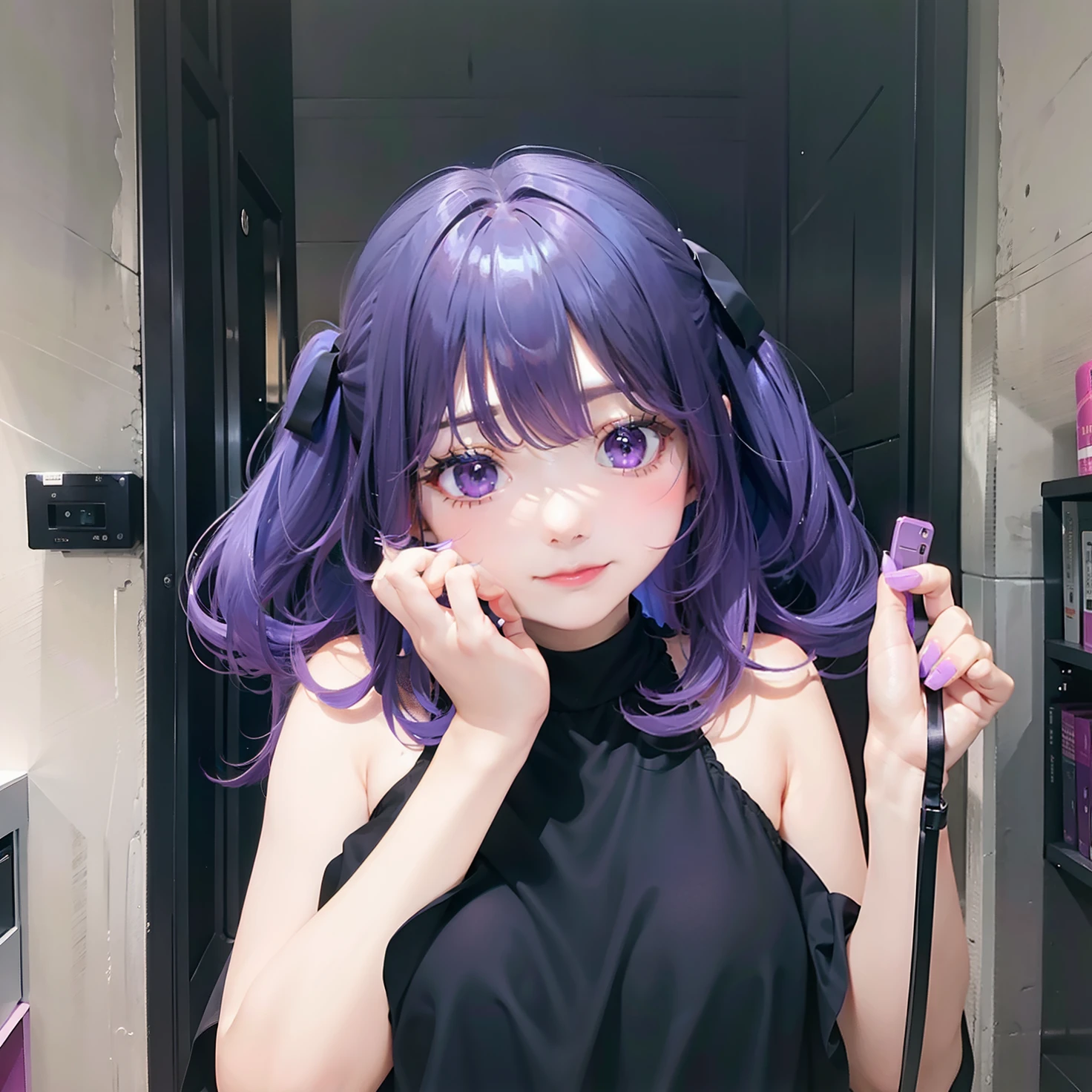 1girl,beautiful,purple hair,in black,relaistic,ultra detail