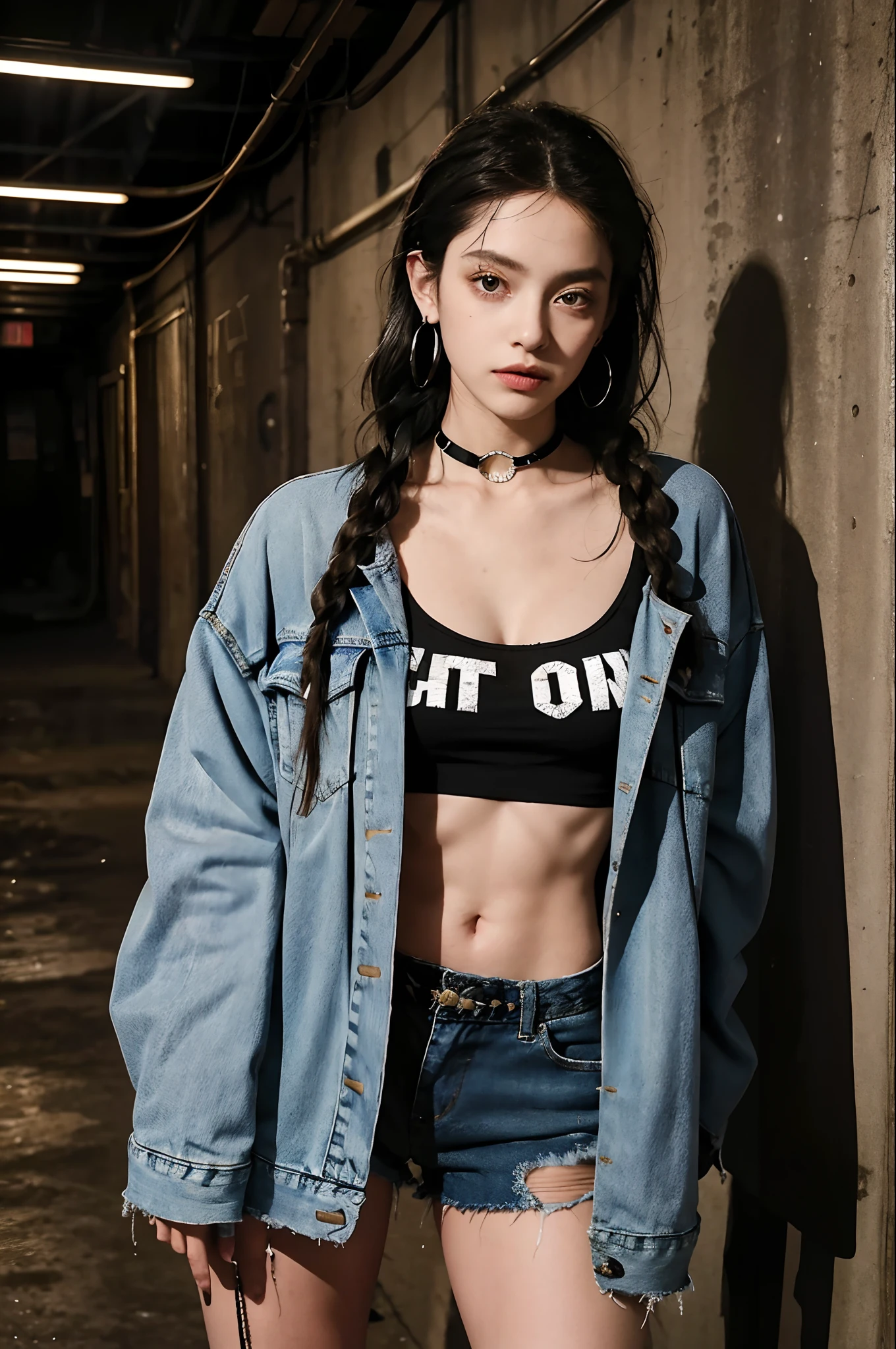 (masterpiece:1.2, best quality), (1lady, solo, upper body:1.2), Hair: long hair at waist, straight braids, Clothing: oversized, distressed denim jacket with patches and pins, paired with black skinny jeans and combat boots, Accessories: silver hoop earrings and a black choker necklace, Hanging out in an underground music venue or street art exhibit, (((nsfw))), bare chest, don't wear t-shirts
