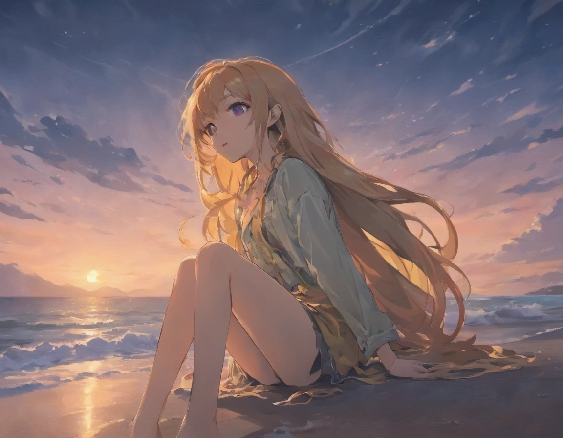 (Masterpiece, Best quality: 1.2), Ultra detailed, Cinematic lighting, hdr, illustration, landsape, 1girll, (pastelcolor), A post-apocalyptic beach, the night, Desolate atmosphere, Girl sitting on the beach, Cover vegetation, (overcast sky), The waves lapping against the coast, (Melancholy but hopeful), Quiet respite moments, (Detailed textures), Windswept hair, Cloudy at night