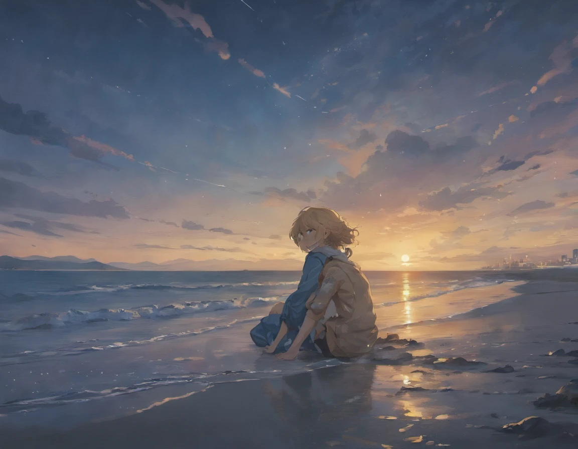 (Masterpiece, Best quality: 1.2), Ultra detailed, Cinematic lighting, hdr, illustration, landsape, 1girll, (pastelcolor), A post-apocalyptic beach, the night, Desolate atmosphere, Girl sitting on the beach, Cover vegetation, (overcast sky), The waves lapping against the coast, (Melancholy but hopeful), Quiet respite moments, (Detailed textures), Windswept hair, Cloudy at night