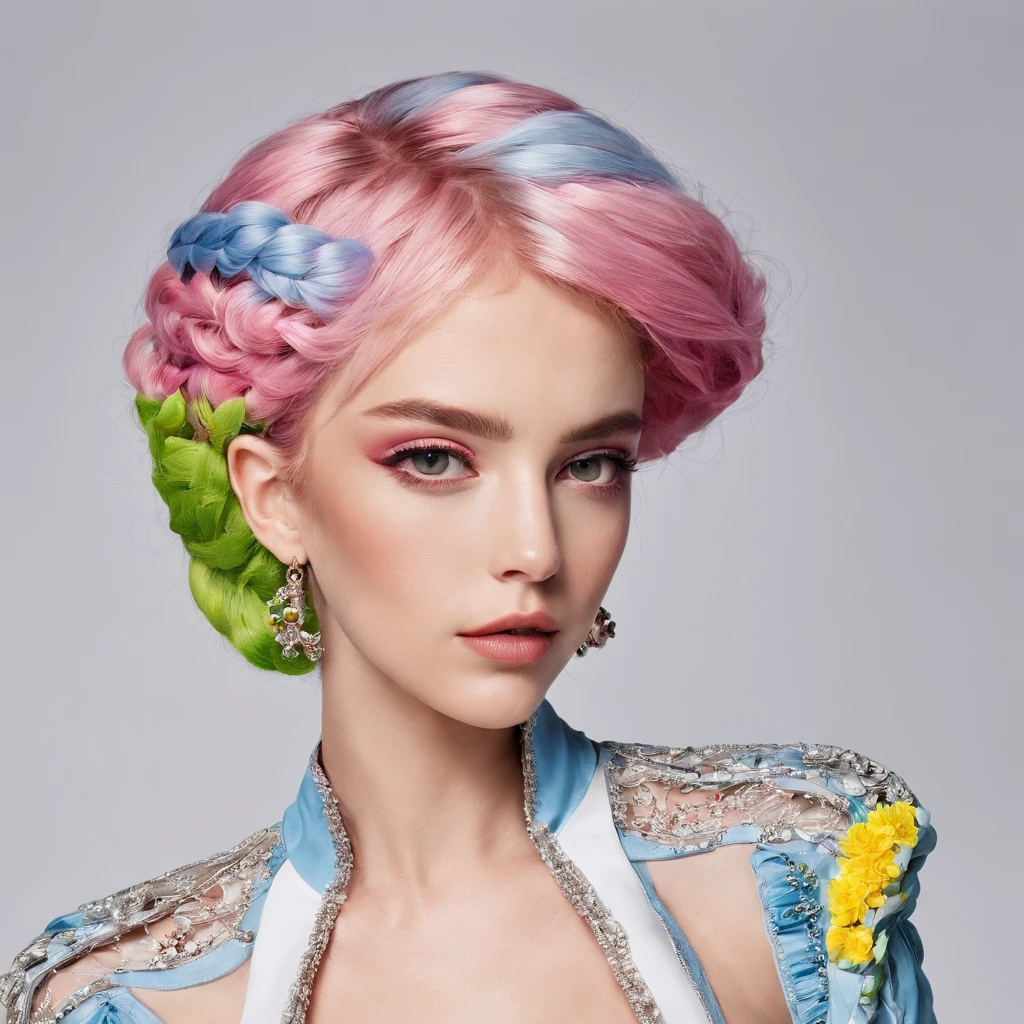 masterpiece, best quality, spring outfit, colorful hair, outdoor, magazine cover ,upper body,